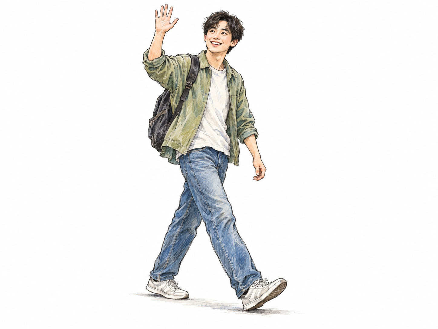 A cheerful young man strides along with a spring in his step, smiling brightly and raising a hand in an enthusiastic greeting.