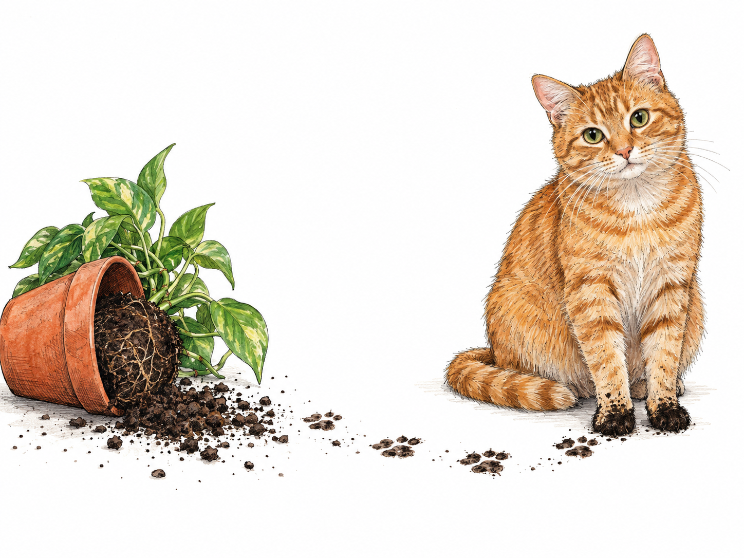 Muddy pawprints across a clean floor lead from an overturned plant pot to a seated cat with soil-stained paws: visible traces bespeak the cat’s involvement without showing the mishap itself.