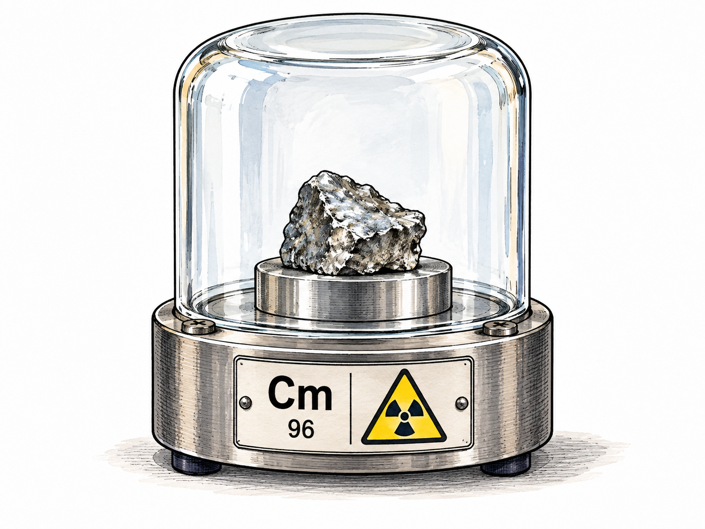 A tiny silvery curium sample sits behind protective laboratory glass with essential functional Cm and96 identifiers and a radiation pictogram; no glowing fantasy material or handling instructions.