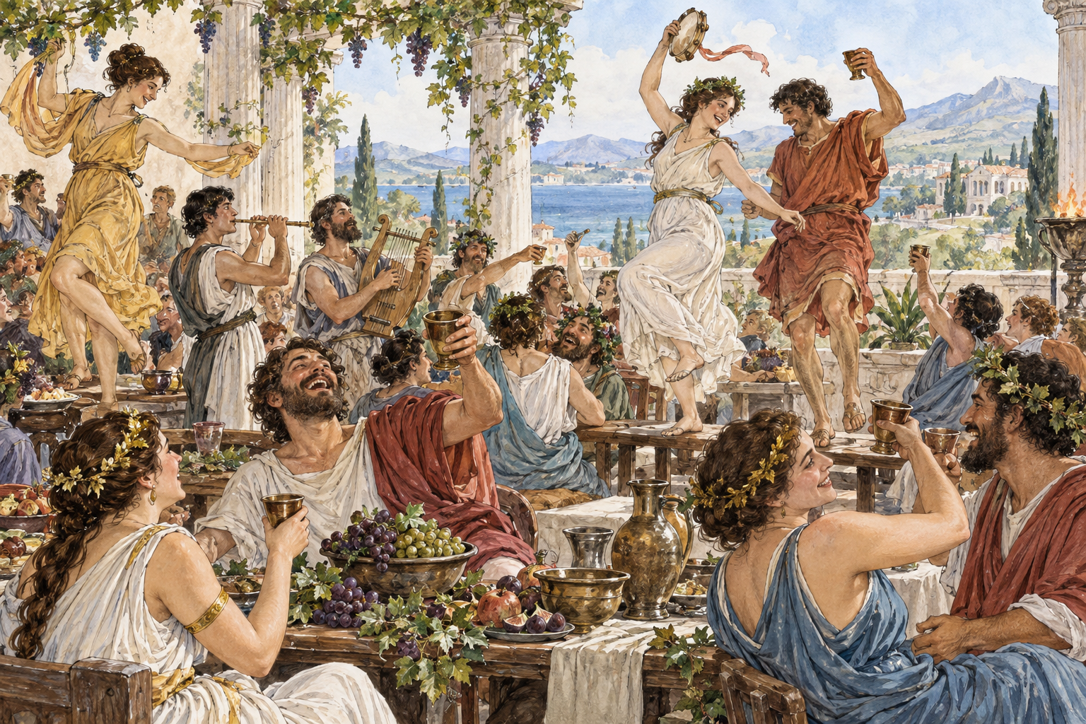 Wide view of rowdy adult banquet with wine cups grapes and people dancing on benches, excessive tipsy celebration, fully clothed and non-graphic, no writing.