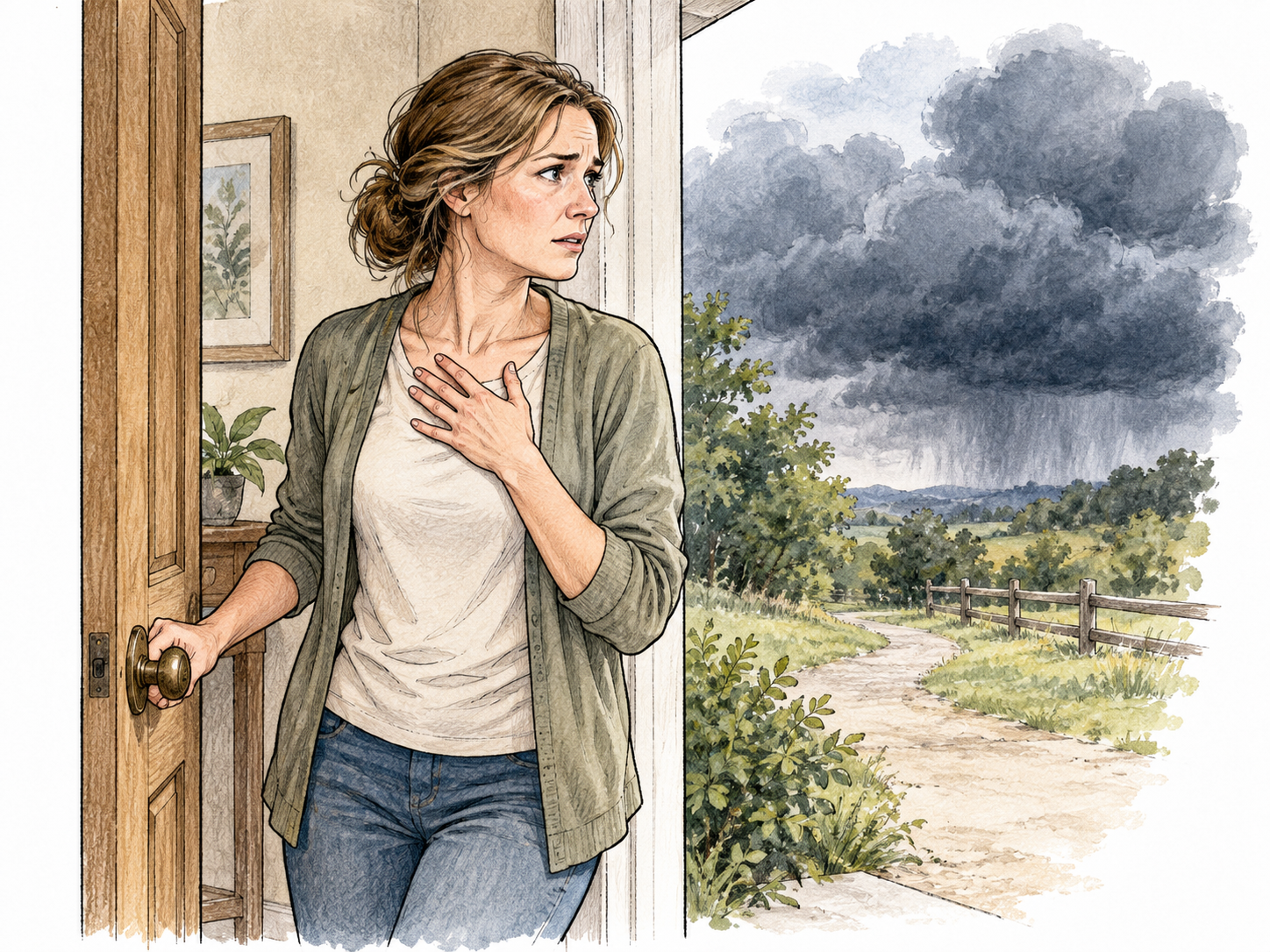 Adult pauses uneasily at doorway with hand over chest while distant dark storm clouds loom, strong apprehensive feeling rather than actual supernatural vision.