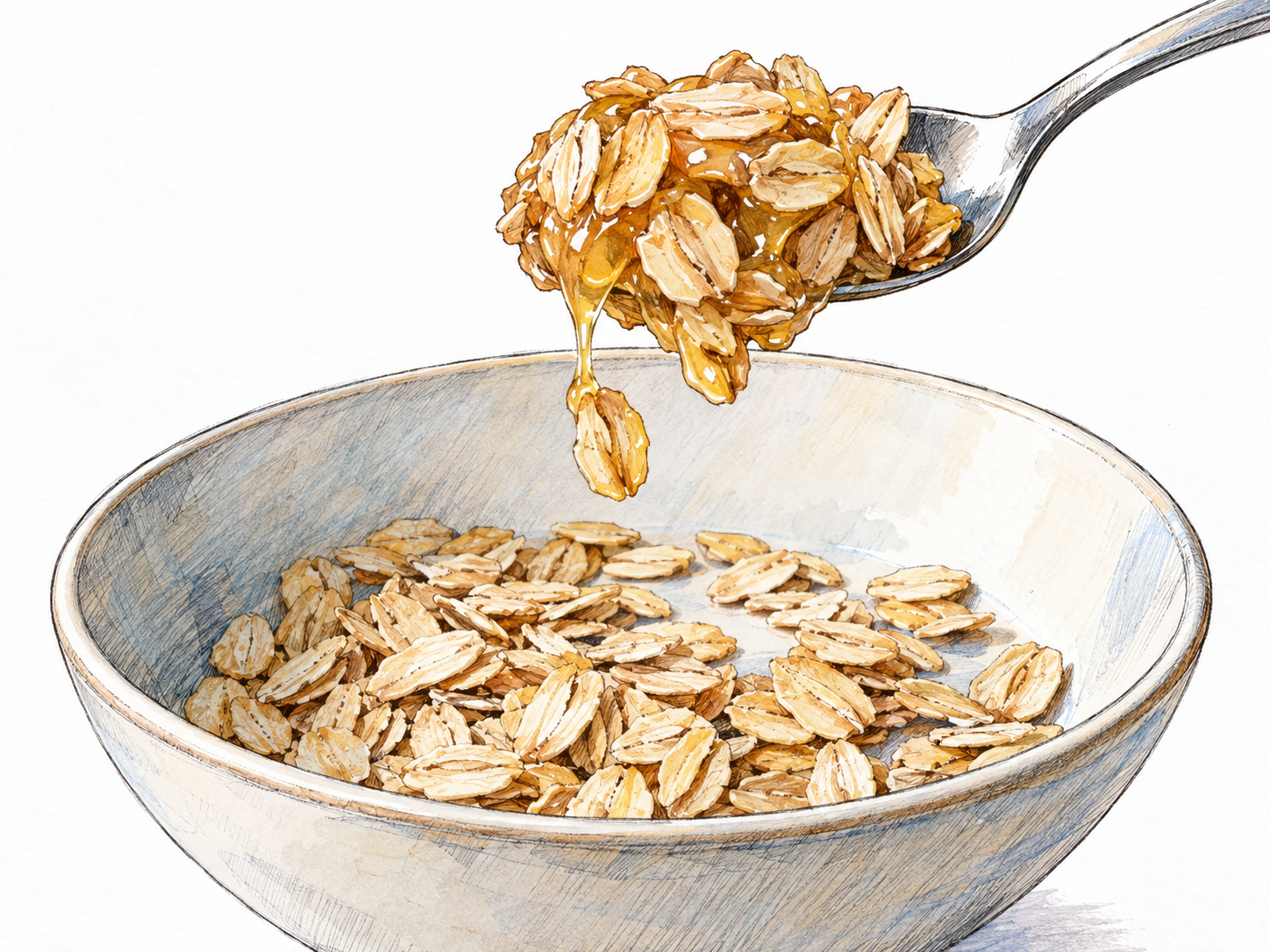 A spoon lifts a sticky clump of oat flakes from a shallow bowl: glossy honey bridges visibly bind the flakes together, contrasting with loose flakes below.