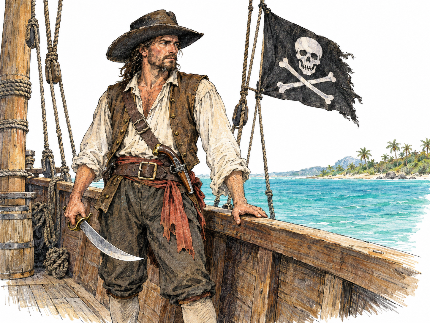 A late-seventeenth-century Caribbean pirate stands on a wooden sailing ship with a cutlass and flintlock pistol, beneath a small skull-and-crossbones flag; a distant palm-lined tropical shore establishes the setting.