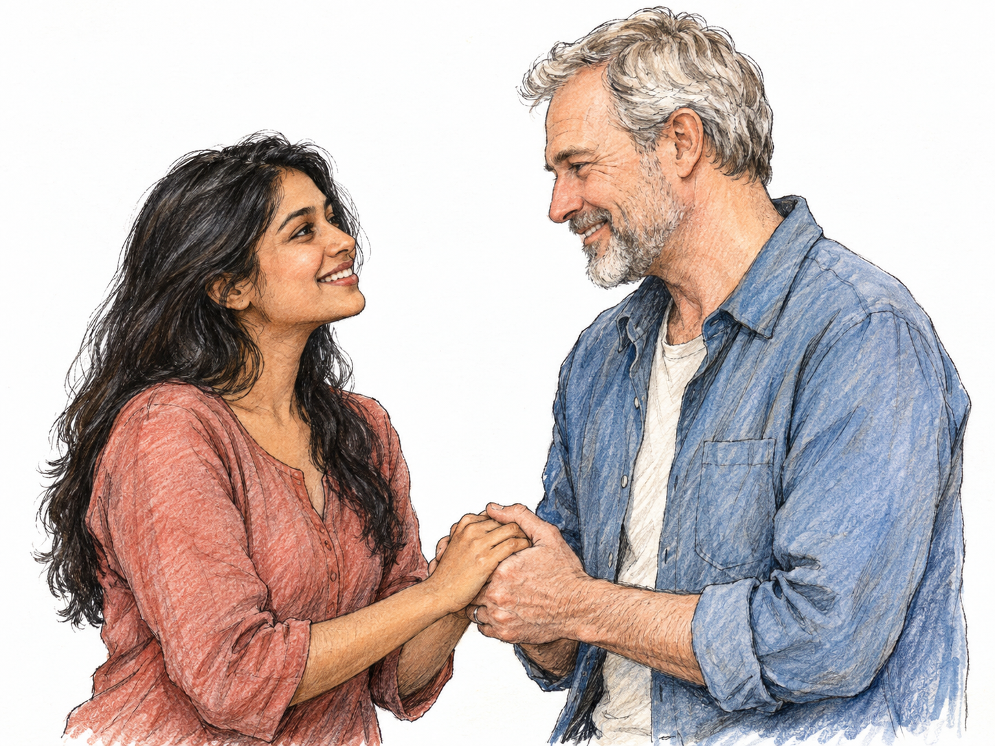 A young woman greets an older man with a spontaneous, heartfelt smile, clasping his hands warmly as he smiles back.
