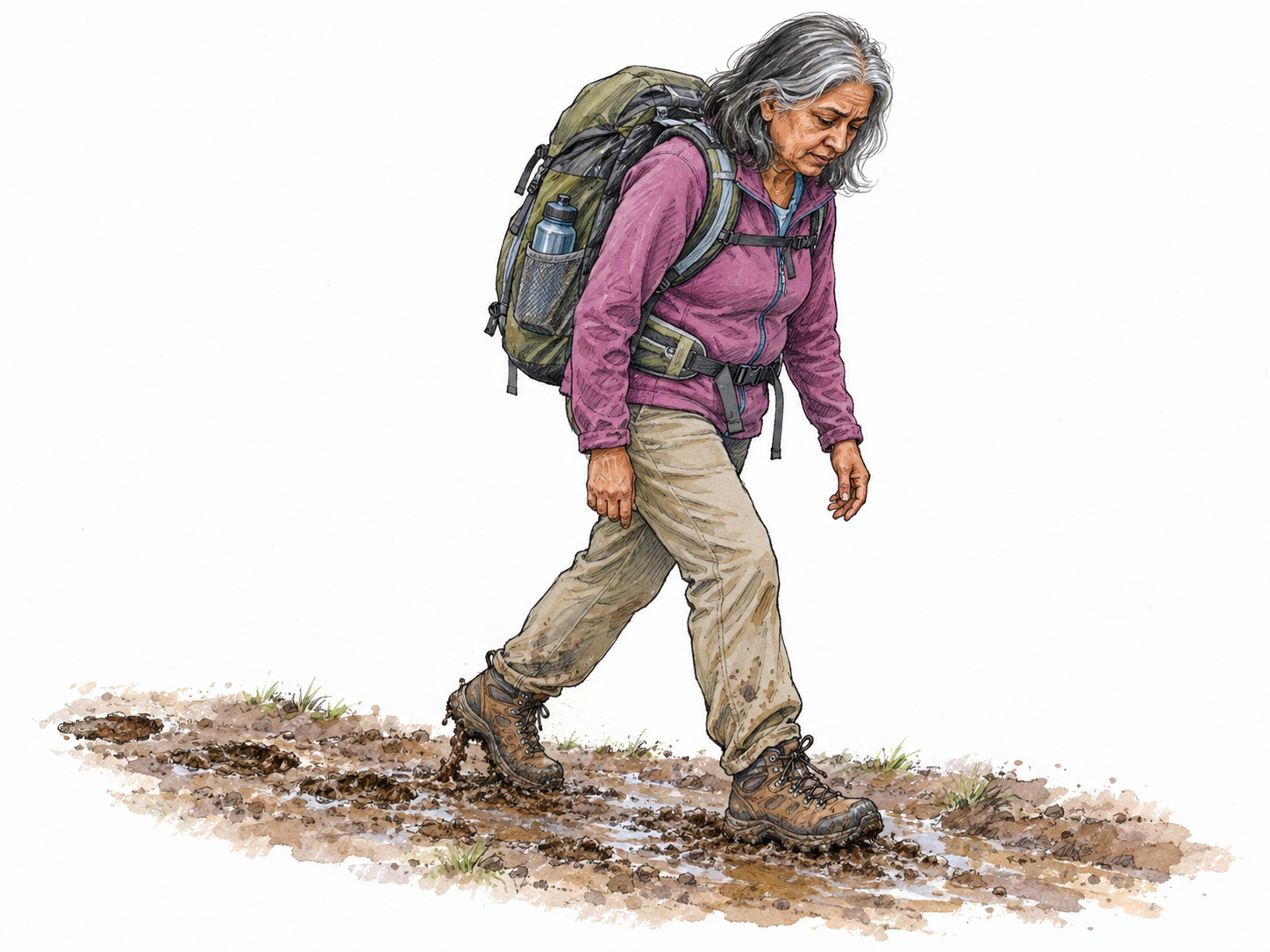 A weary older hiker trudges through sticky mud, shoulders slumped under her pack, taking a short, heavy step while her trailing boot drags a furrow.