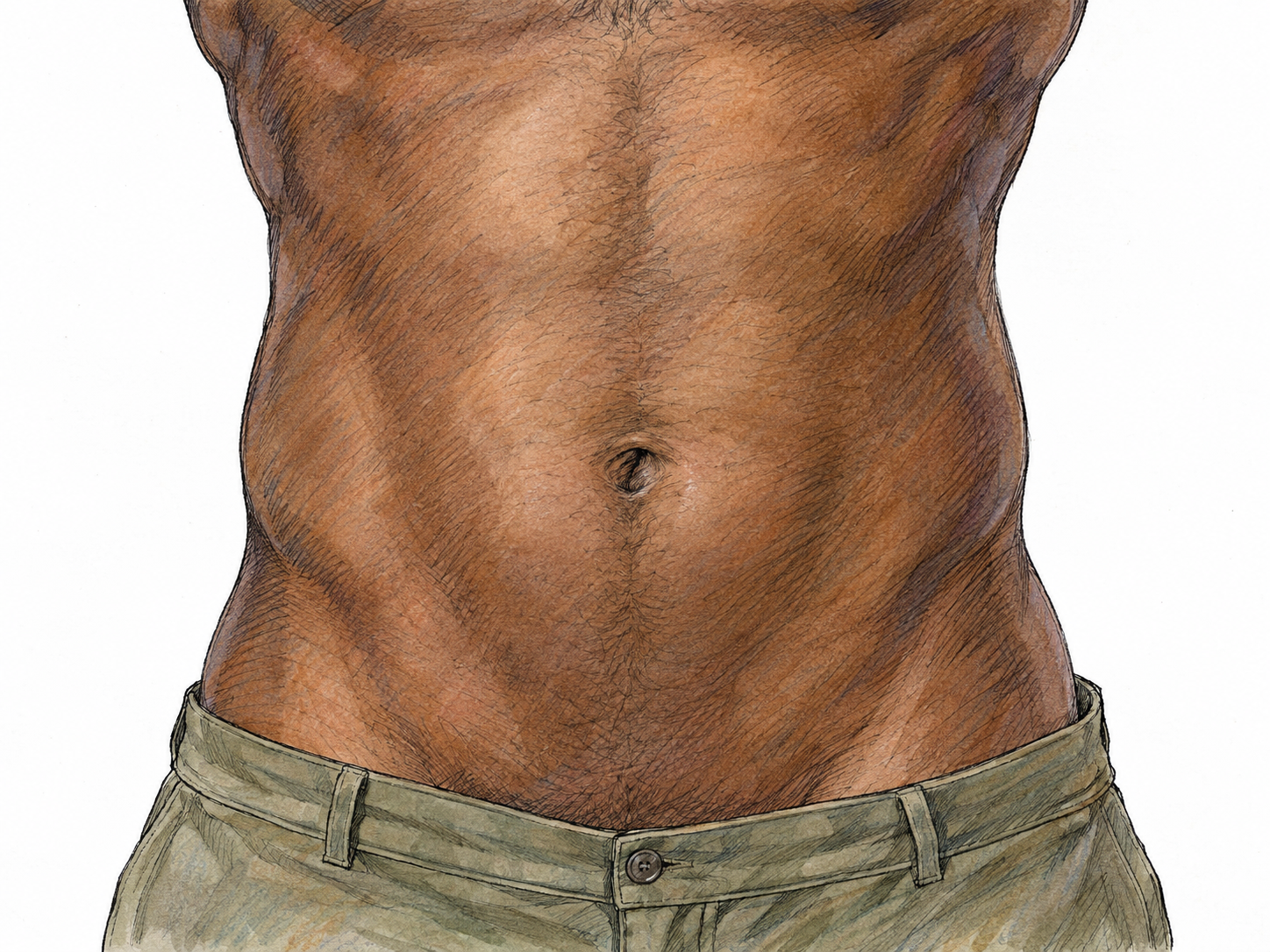A close, neutral view of an adult man's bare abdomen, with a clearly drawn inward navel as the central focal point.