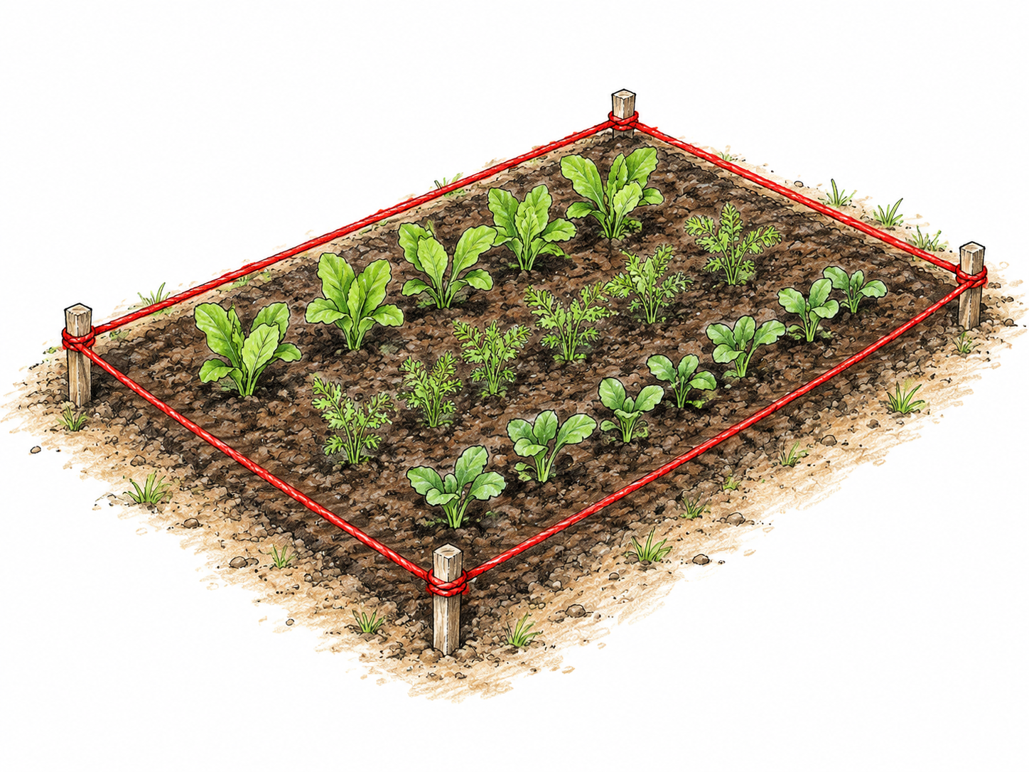 A small rectangular garden bed seen obliquely from above, bright red cord follows its entire OUTER edge exactly, low green seedlings inside.