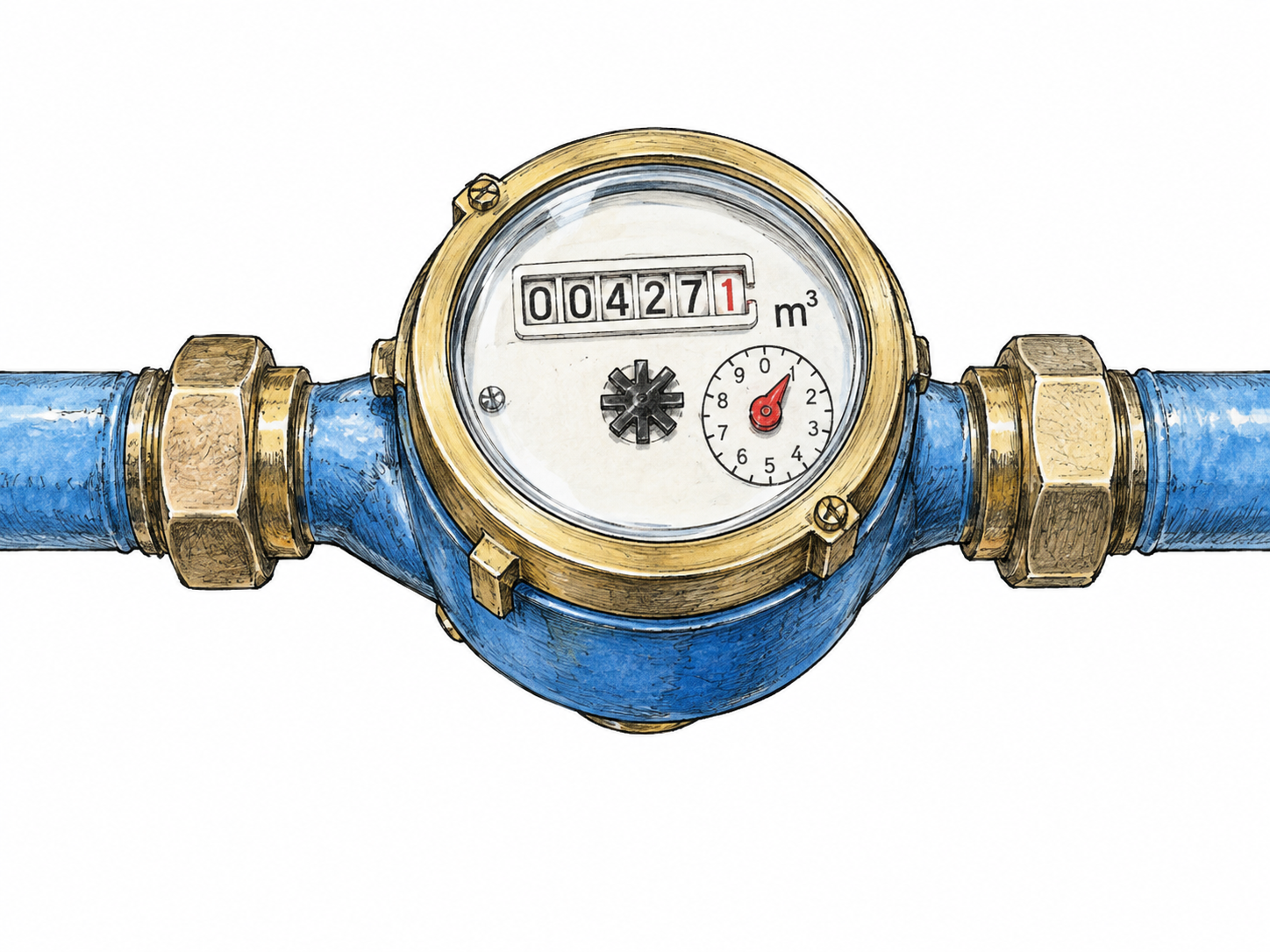Domestic analog water meter fitted directly into a short blue water pipe, readable simple consumption dial and mechanical numerical counter; functional small meter numerals allowed, no brand or prose.