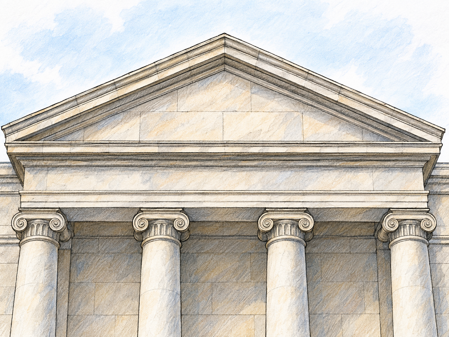 A close frontal view of a classical stone portico, with its complete triangular pediment prominently visible above the horizontal entablature and columns.
