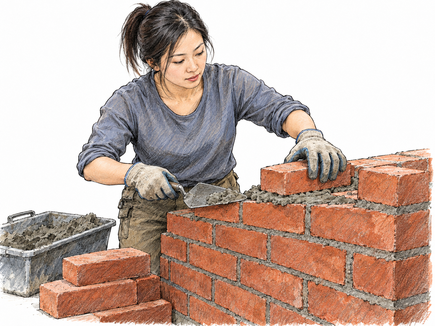 A mason lays a red brick into fresh mortar on a partly built brick wall, clearly showing both brickwork and the craft of constructing it.