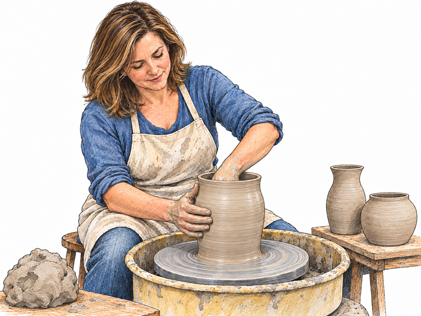 A potter visibly creates a clay vessel on a spinning wheel, with raw clay beside her and several newly formed vessels nearby.
