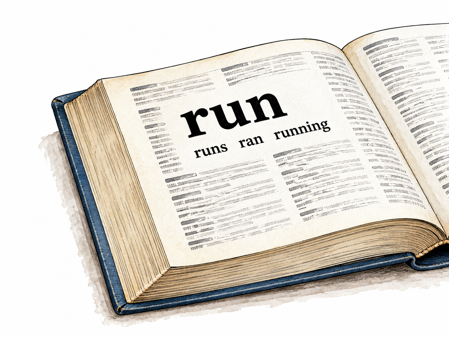 A dictionary page with the exact bold headword run and smaller related forms runs, ran, running beneath it, base form clearly central.