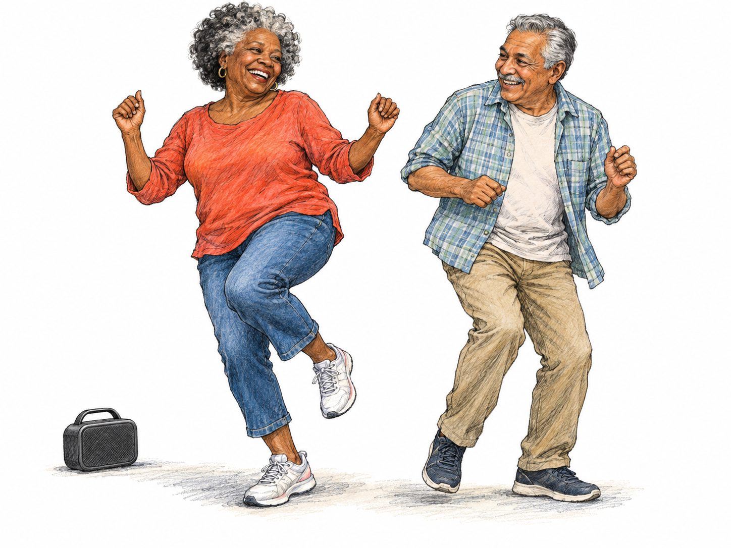 An older woman dances with exuberant enjoyment beside an older man who joins in, their broad smiles, buoyant steps and animated posture making zest visible through delighted participation.