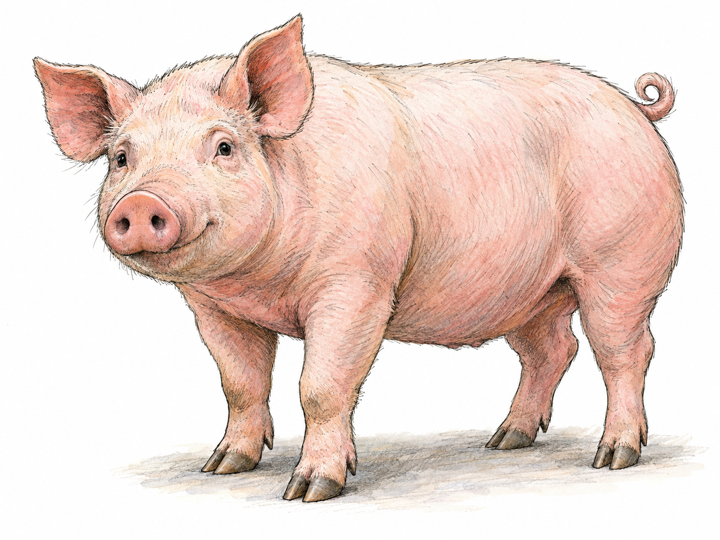 A clear three-quarter view of a domestic pig, emphasizing its broad snout, rounded body, triangular ears and cloven hooves as recognizable porcine features.