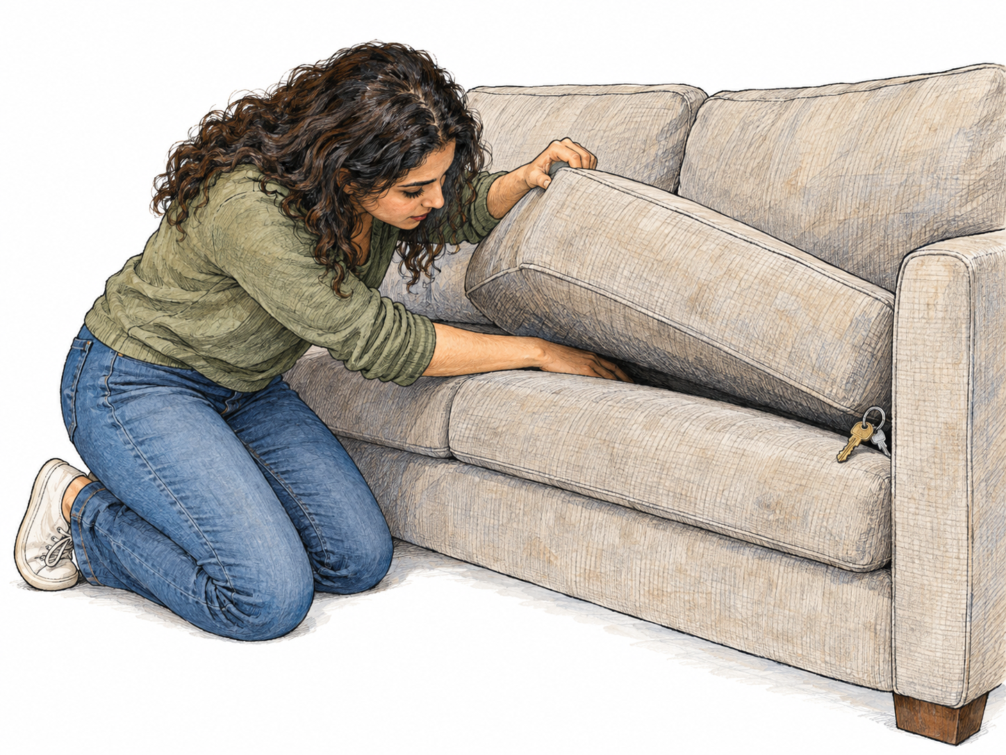 A woman hunts for missing keys, lifting a sofa cushion and peering into the gap while the keys remain partly concealed at the opposite end.