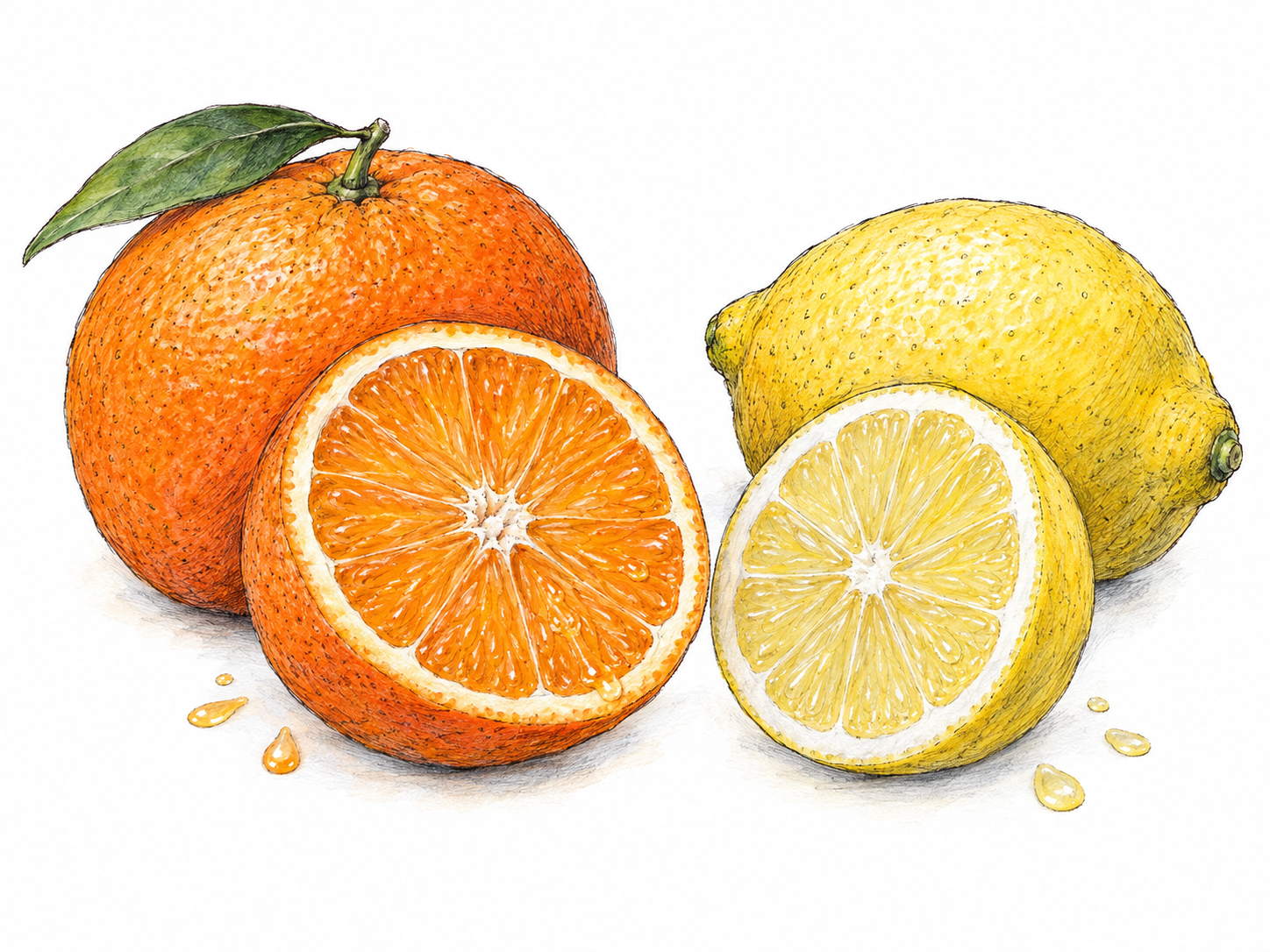 Whole and cut orange and lemon show segmented interiors.