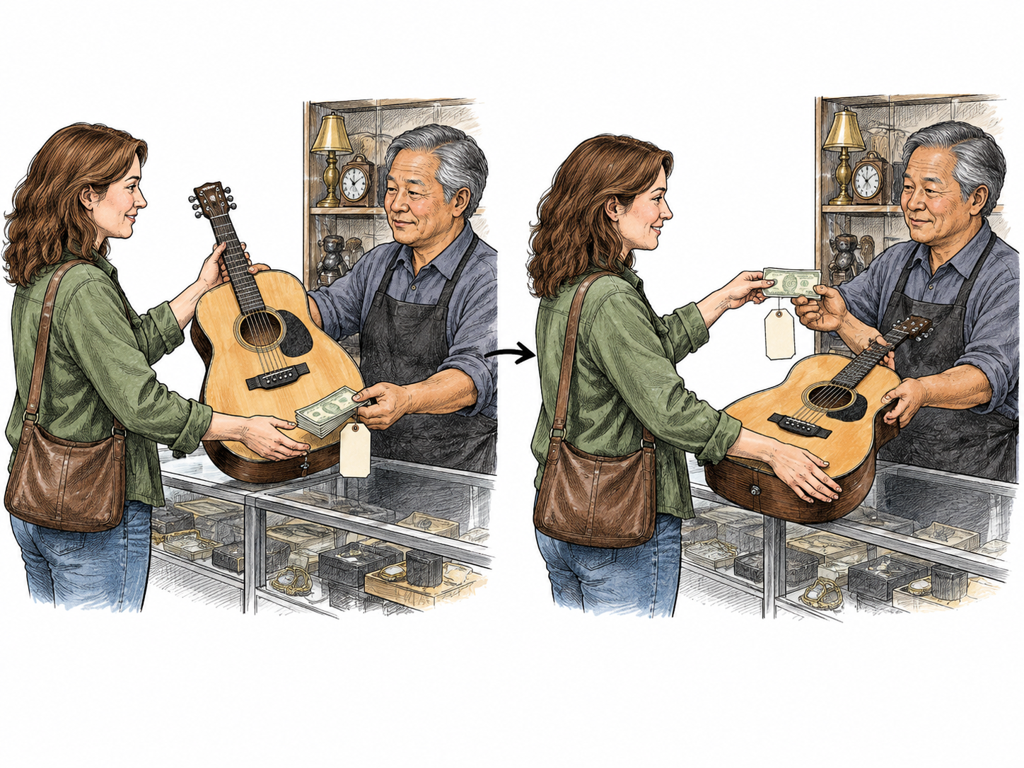 Two linked scenes repeat the same customer and pawnbroker: customer temporarily exchanges a guitar for cash and a plain matching claim ticket, then returns cash and retrieves the same guitar; pawning rather than permanent sale, no prices or advice.
