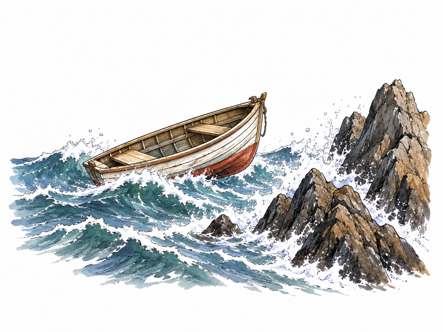 A small boat drifts dangerously close to jagged rocks in rough water, serious danger clear, no injuries or instruction for risky action.
