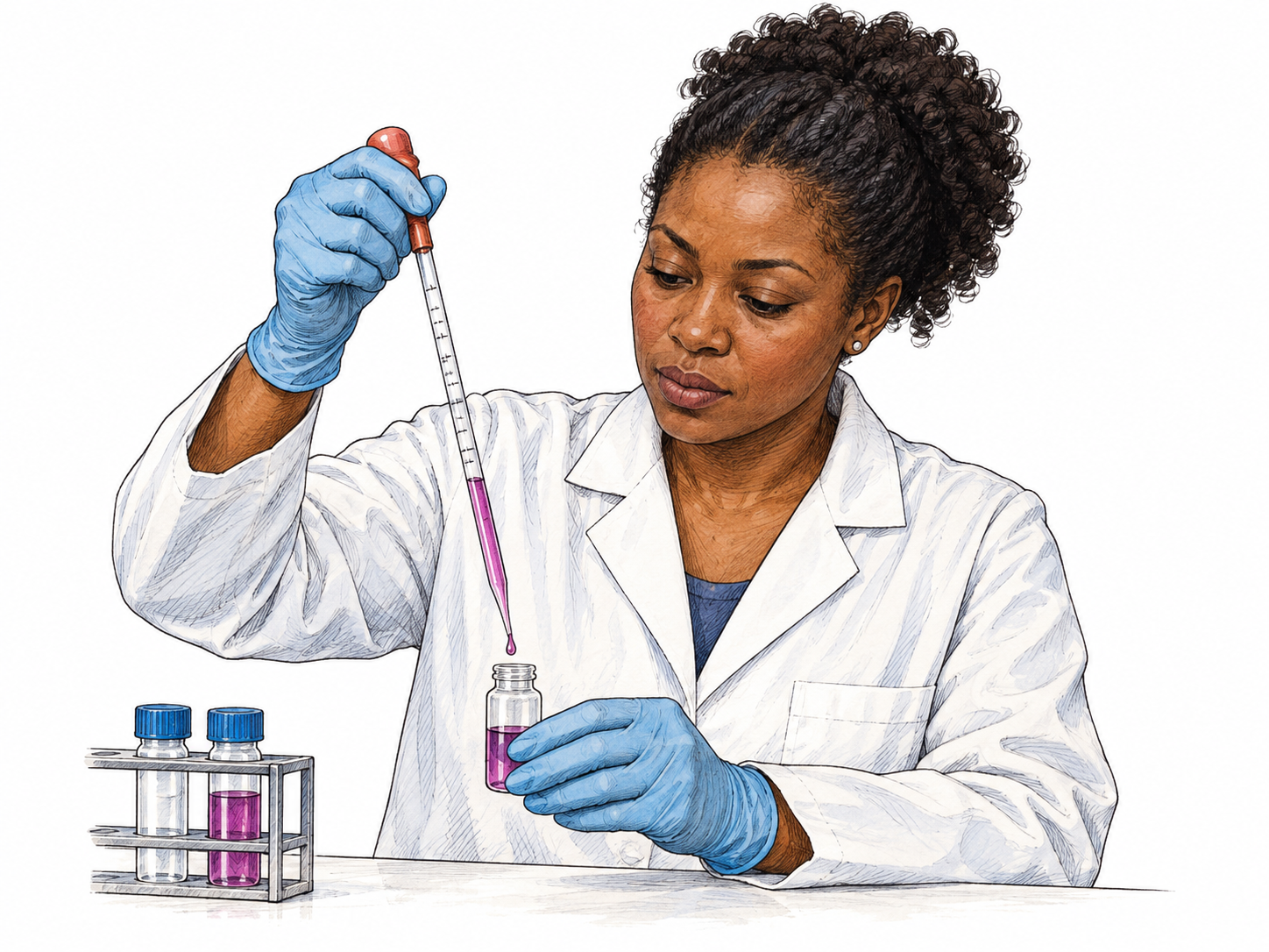 A lab worker transfers a small measured amount of colored liquid with a slender graduated pipette into a vial; proper tool shape, essential graduation ticks only, no protocol or chemical quantities.