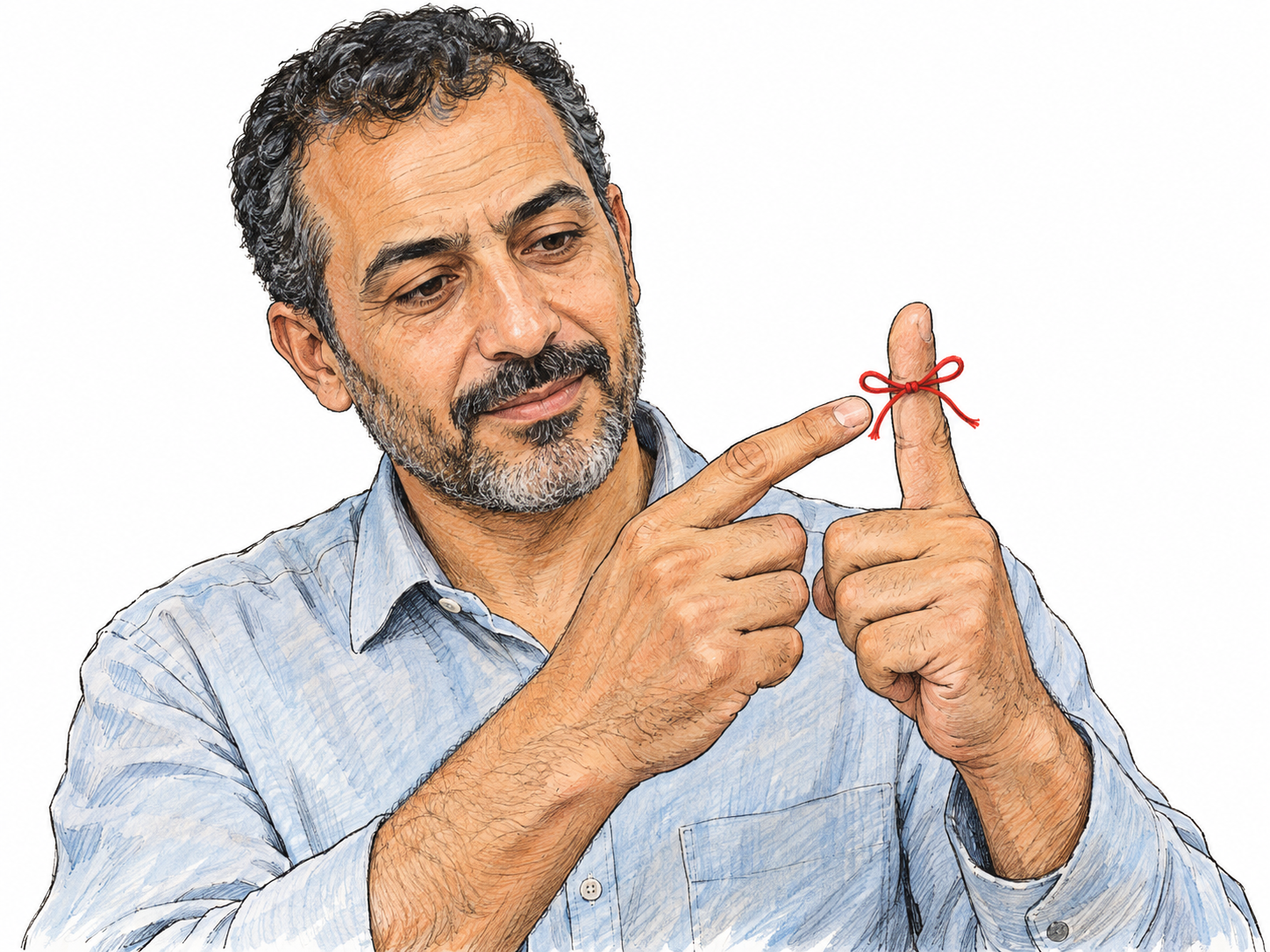 A traditional physical mnemonic: a small string bow tied around a finger as a memory aid, emphasized by the wearer noticing and touching it.