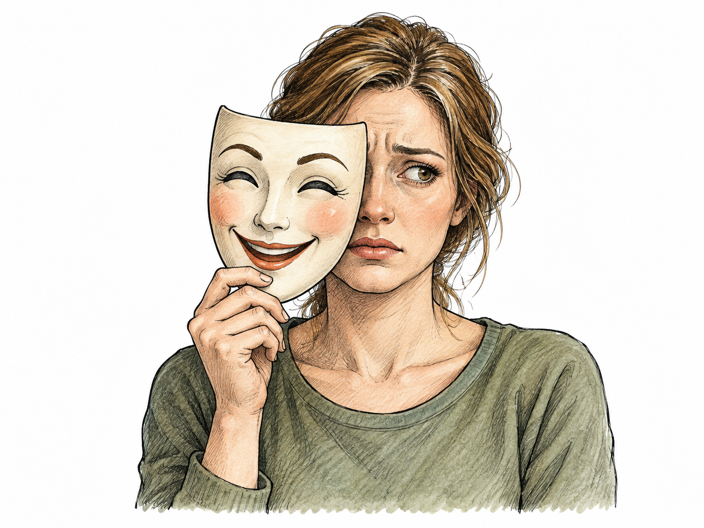 Adult holds a cheerful theatrical face mask before their own visibly worried face, staged false outward appearance; no words.