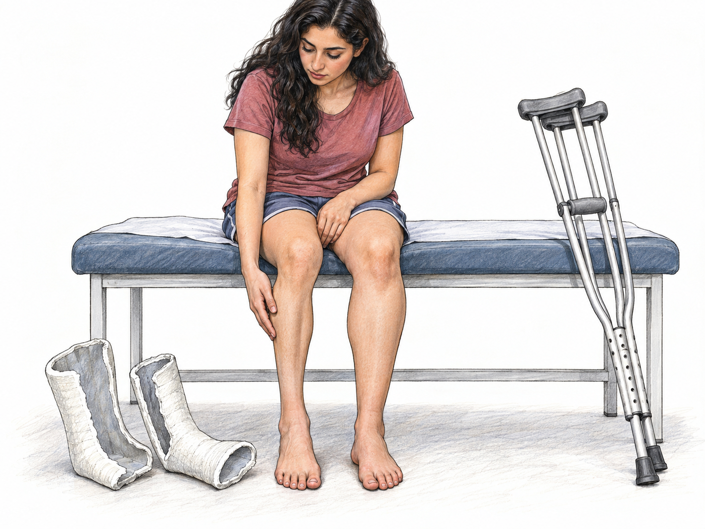 A seated woman compares her visibly wasted calf with her healthy calf immediately after removal of a lower-leg cast.