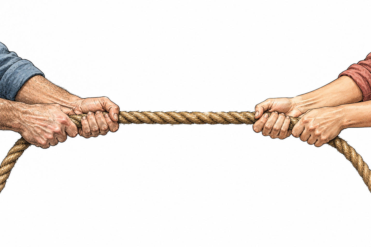 Two hands pulling opposite ends of a rope so it is stretched tight, clearly physical tension, unlettered.