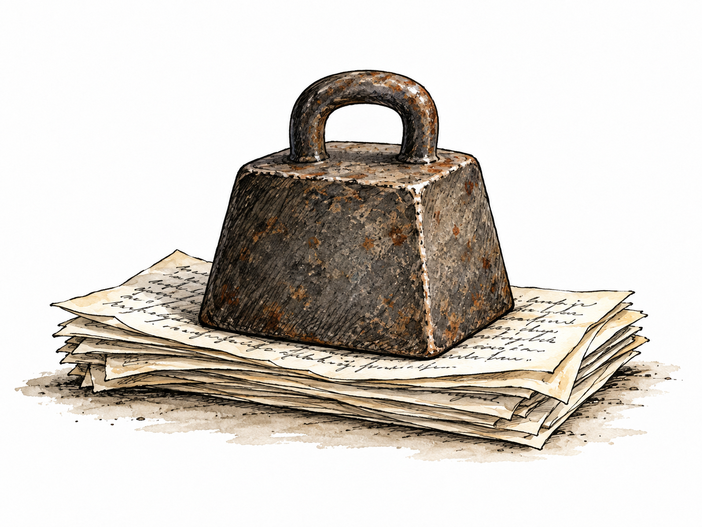A heavy iron weight holds a stack of handwritten opinions closed, metaphor for suppressed expression.