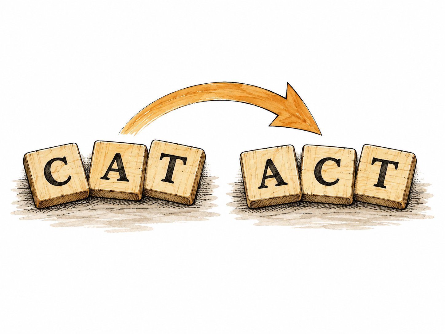 Wooden letter tiles CAT rearranged into ACT, exactly these two words.