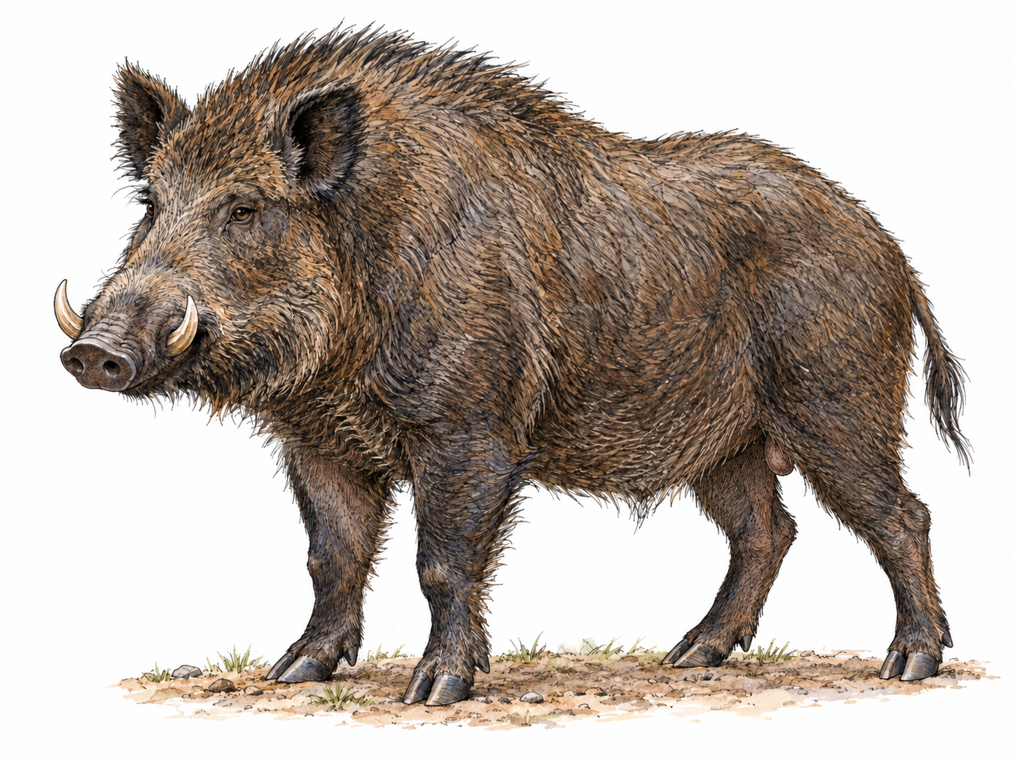 A single mature male wild boar in a clear side-three-quarter stance, showing its heavy forequarters, bristly coat, elongated pig snout, prominent curved tusks and subtly visible male anatomy.