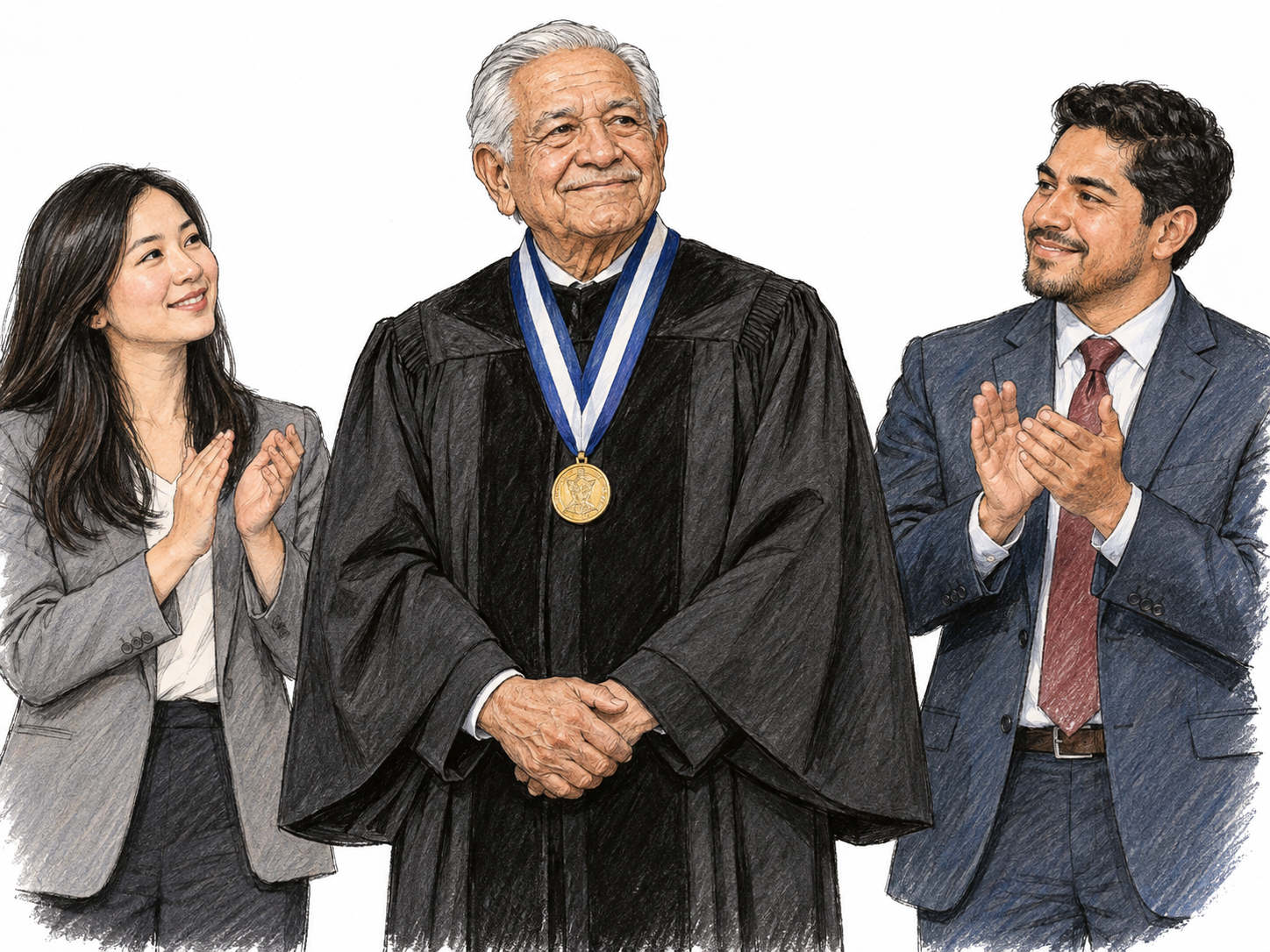 A dignified elderly scholar receives a formal standing ovation from two younger adults.
