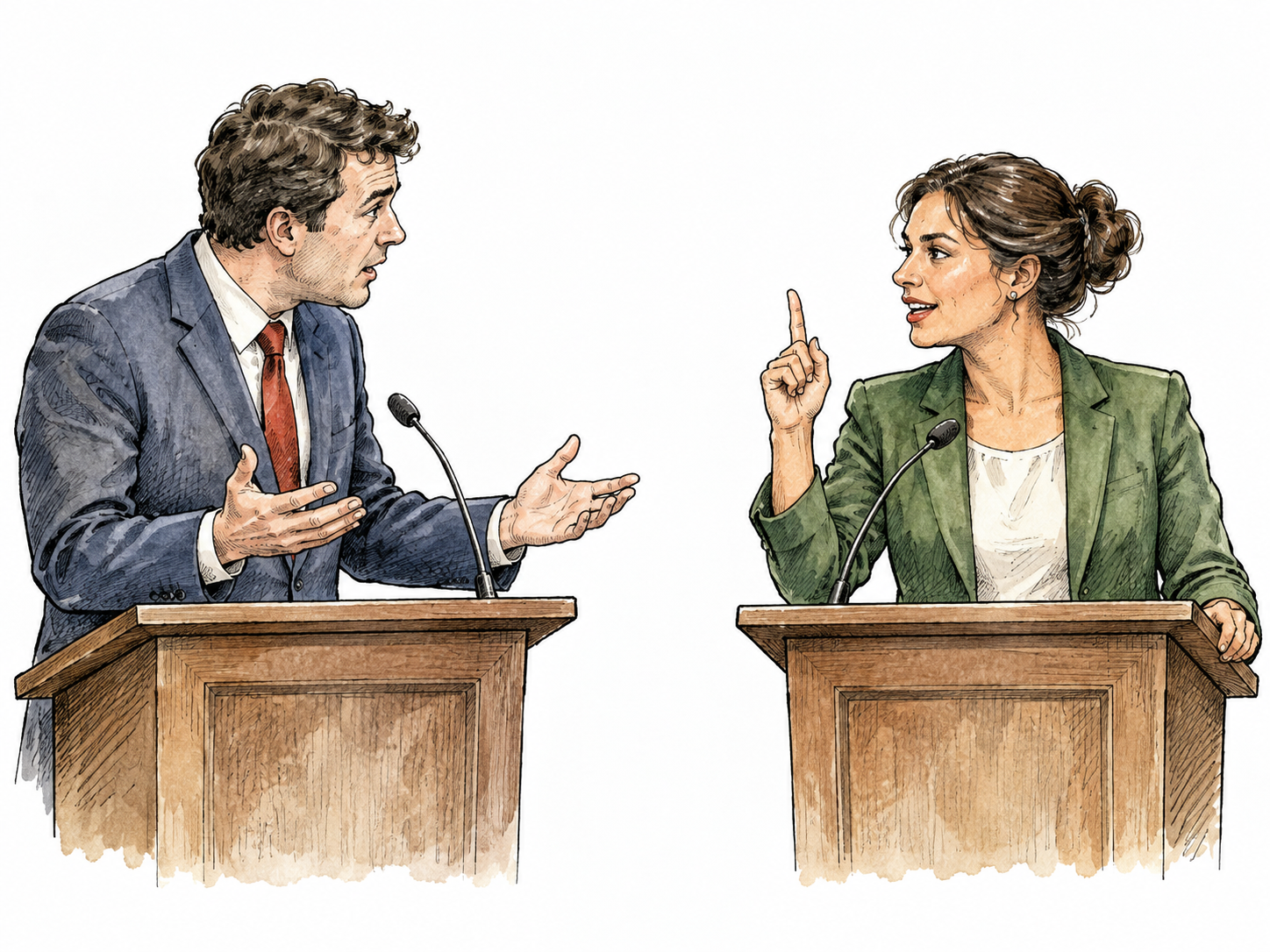 Two debaters exchange remarks, one responds promptly with poised raised finger.
