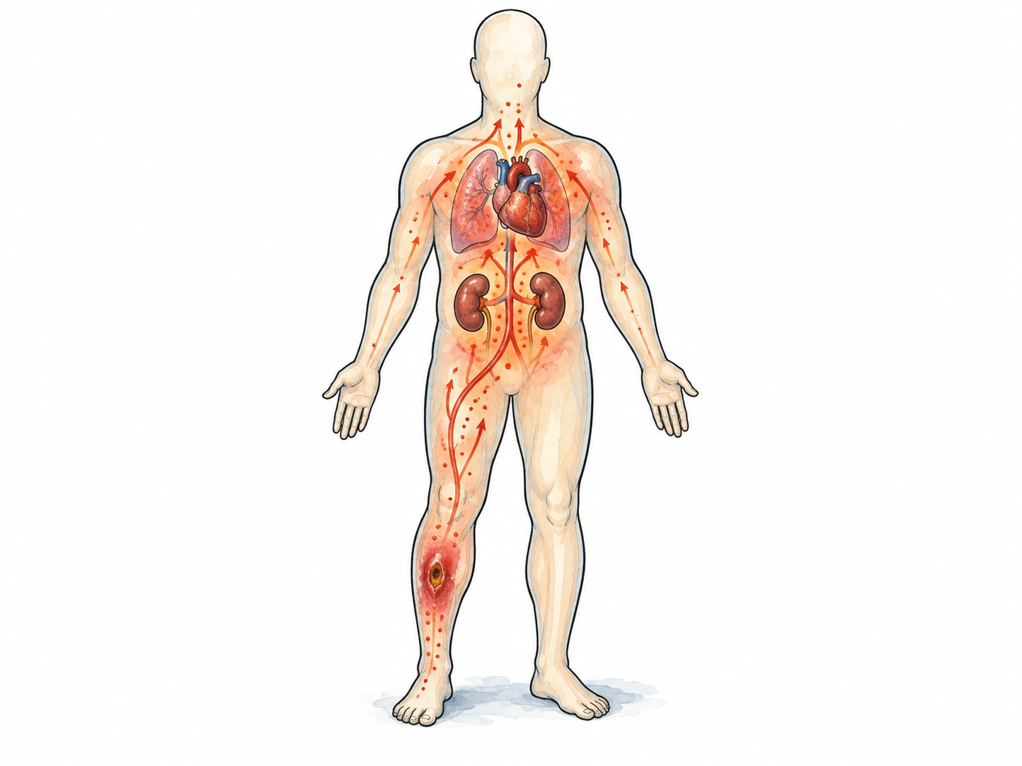 Non-graphic medical conceptual illustration: simplified torso silhouette with small localized infection in lower leg and connected inflammatory red/orange signals affecting lungs/kidneys/heart; bodywide response distinct from germs alone; no labels.