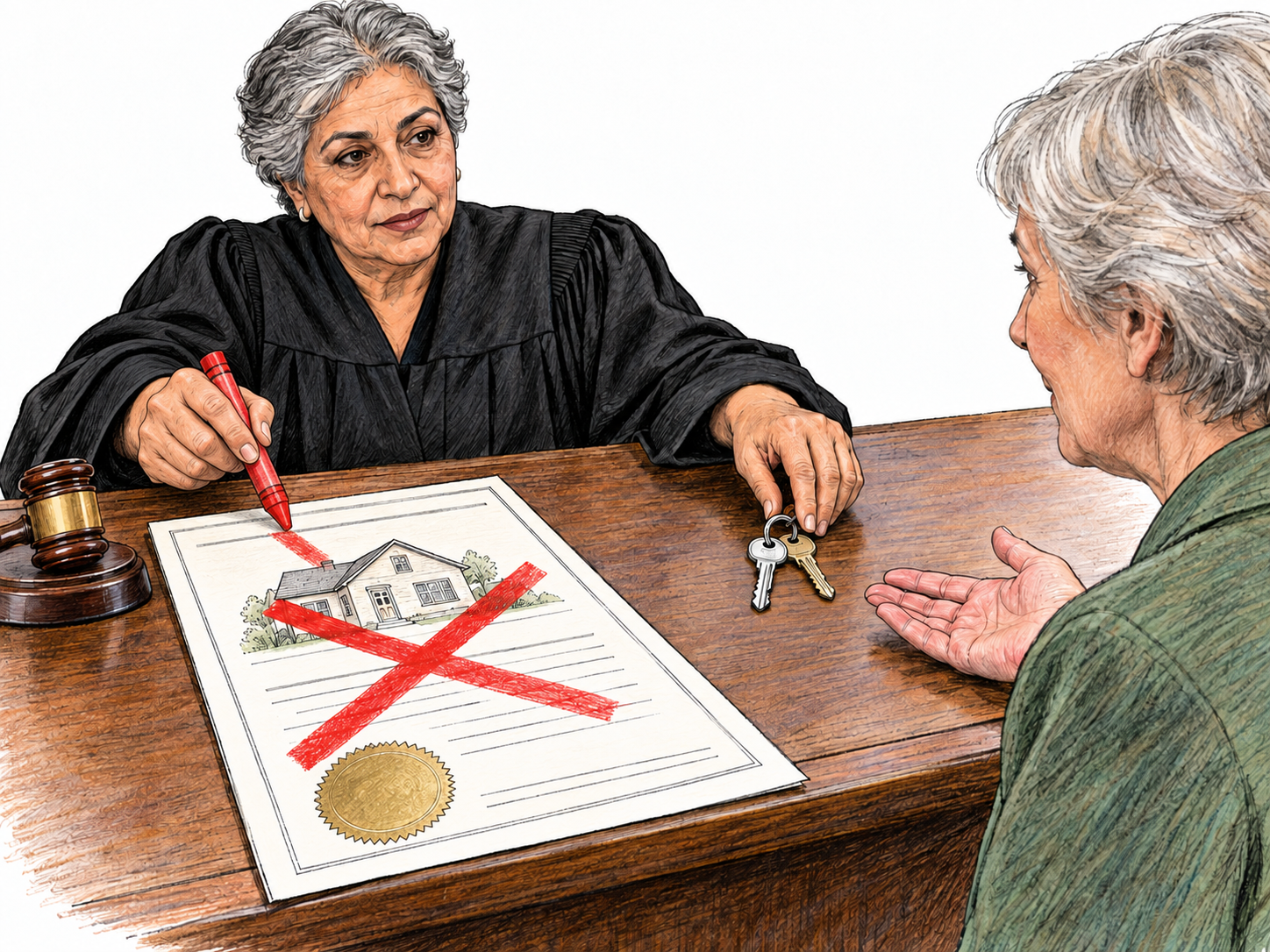A judge formally cancels a property-transfer instrument while the original holder retains the house keys, making the document's lack of legal effect recognizable through judicial cancellation and its concrete consequence.