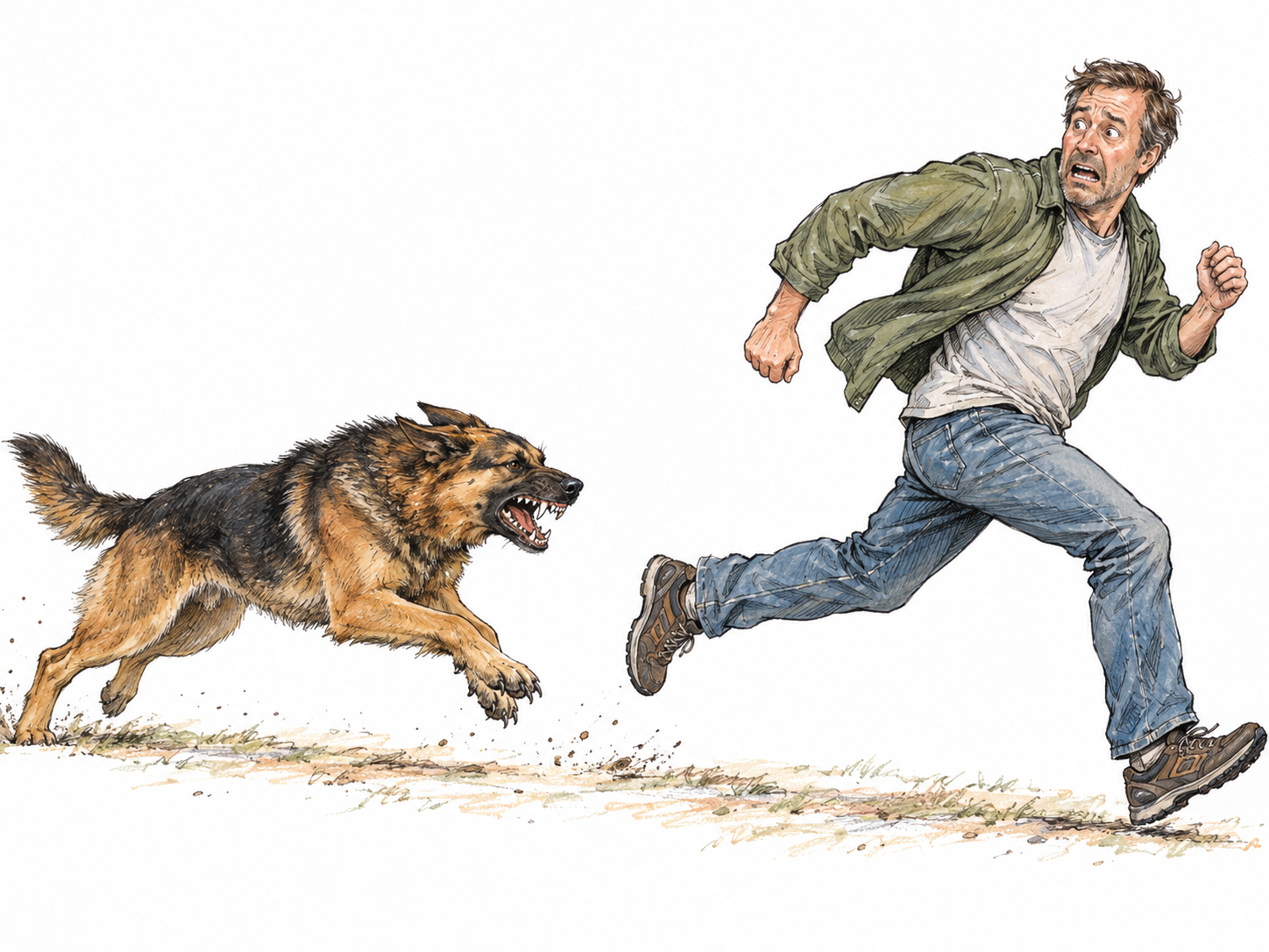 A man sprints away from a lunging, snarling dog, looking back in alarm as the dog pursues close behind.