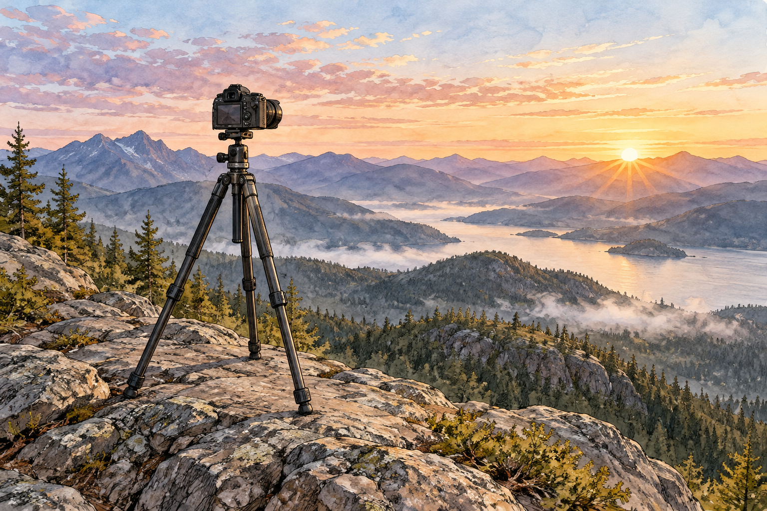 A sturdy camera tripod standing on a rocky overlook with exactly three separated legs visibly touching ground and a simple camera mounted on top, distant mountain sunrise.