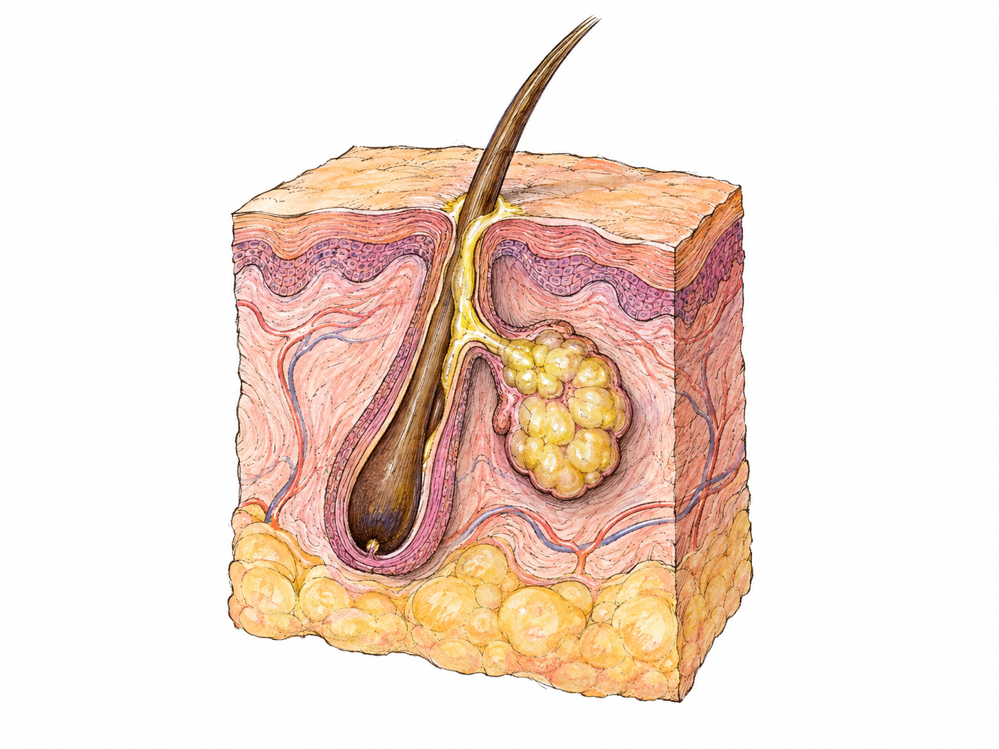 An isolated anatomical cutaway of skin shows a lobulated sebaceous gland beside a hair follicle, with its short duct releasing pale golden oil into the follicle and a thin oily sheen at the skin surface.