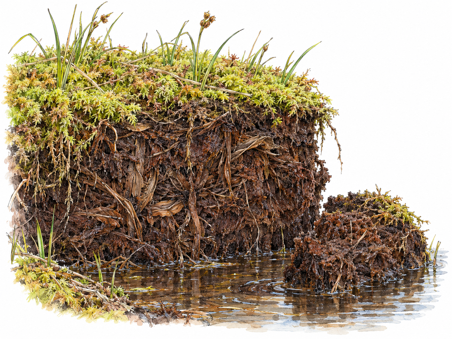 A close view of a wet peat-bog edge exposes dark, fibrous, partly decomposed plant material beneath living moss, with shallow water beside it.
