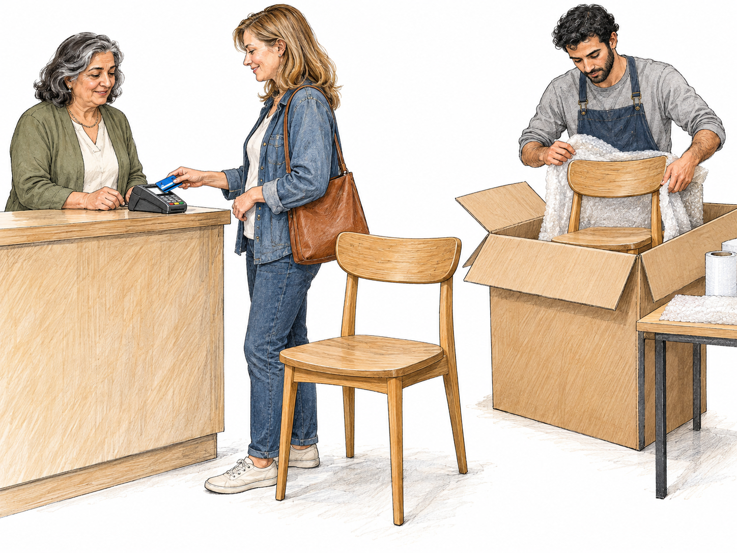 A small furniture business visibly combines making, selling, and dispatching goods: an owner accepts a customer's card payment for a finished chair while an employee packs a matching chair nearby.