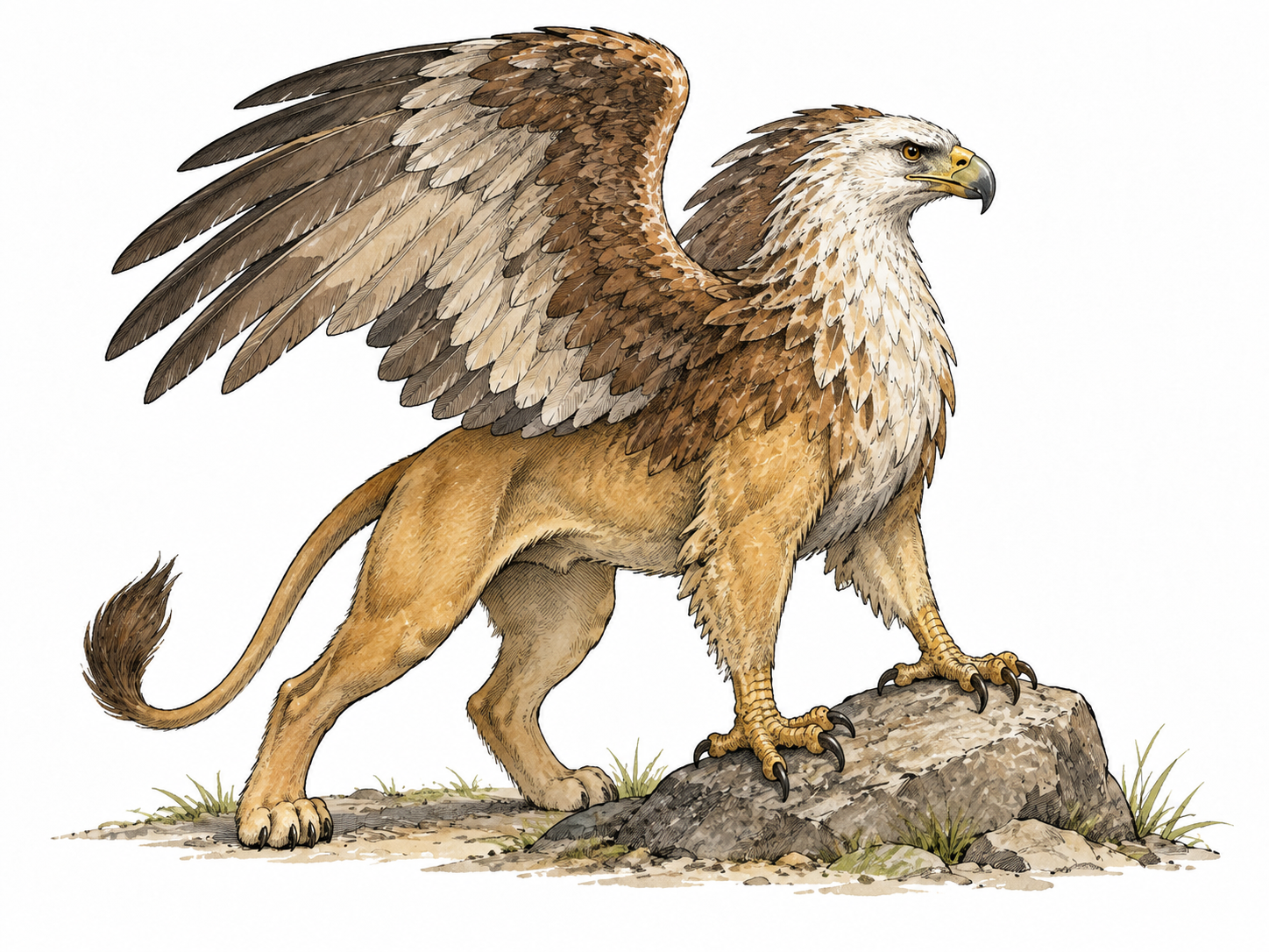 A majestic mythical griffin with eagle head and wings and lion body, natural animal anatomy adapted coherently.