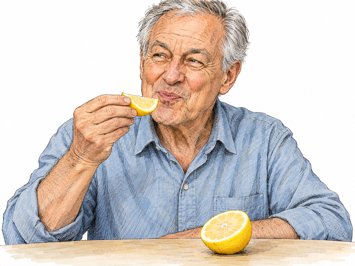 An older man reacts to a freshly tasted lemon wedge with a mild puckered smile, making the sharp citrus taste visible through the fruit and his immediate expression.