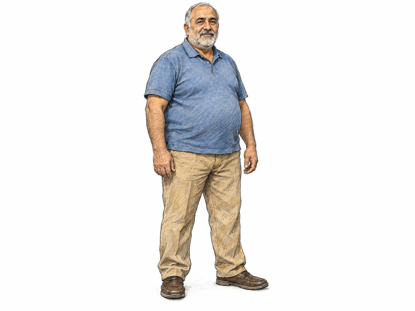 A broad-framed, thickset older man stands comfortably with feet apart, his substantial torso, broad shoulders, thick arms and sturdy legs clearly visible.