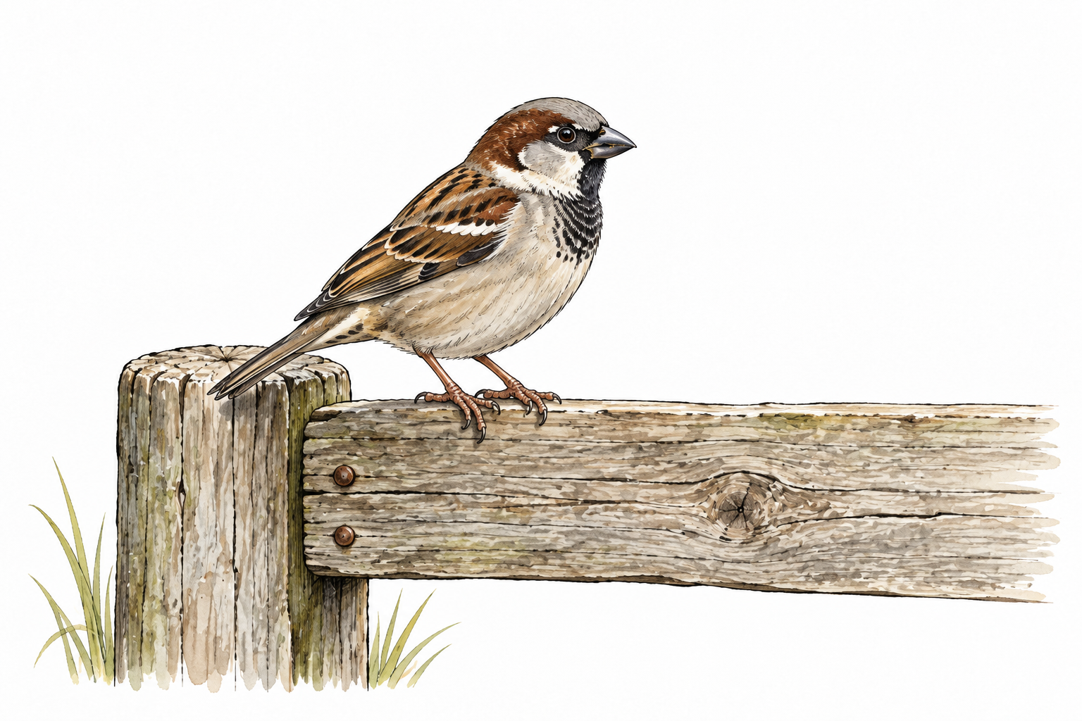 A familiar common house sparrow sits on an ordinary fence.