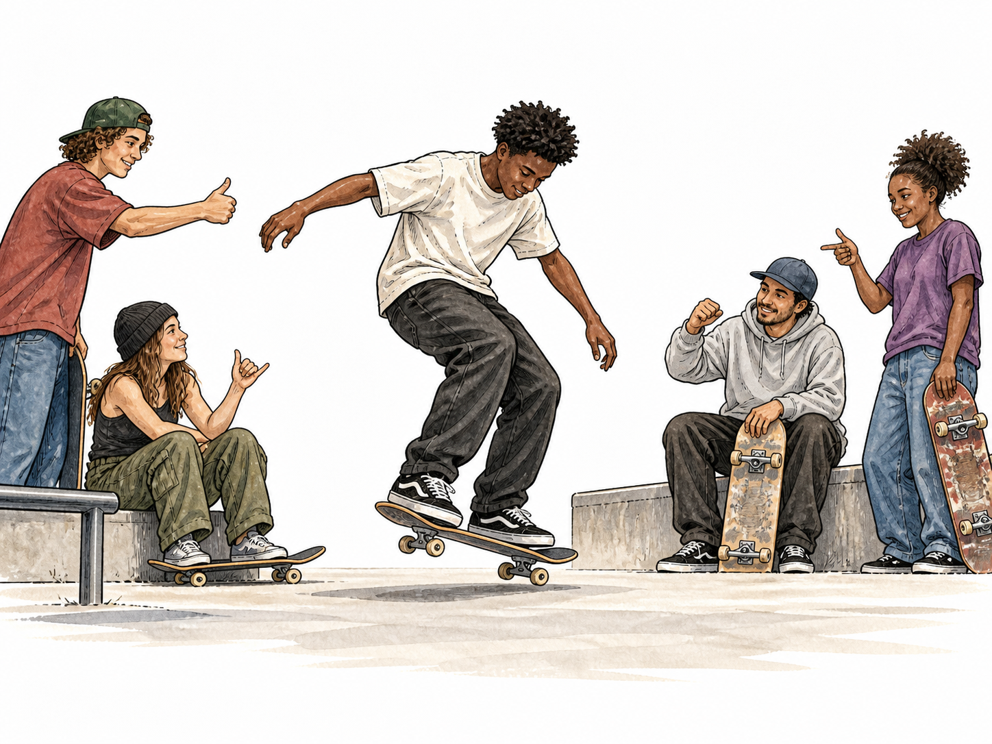 A young Black skateboarder receives respectful nods from diverse fellow skaters after a skillful landing.