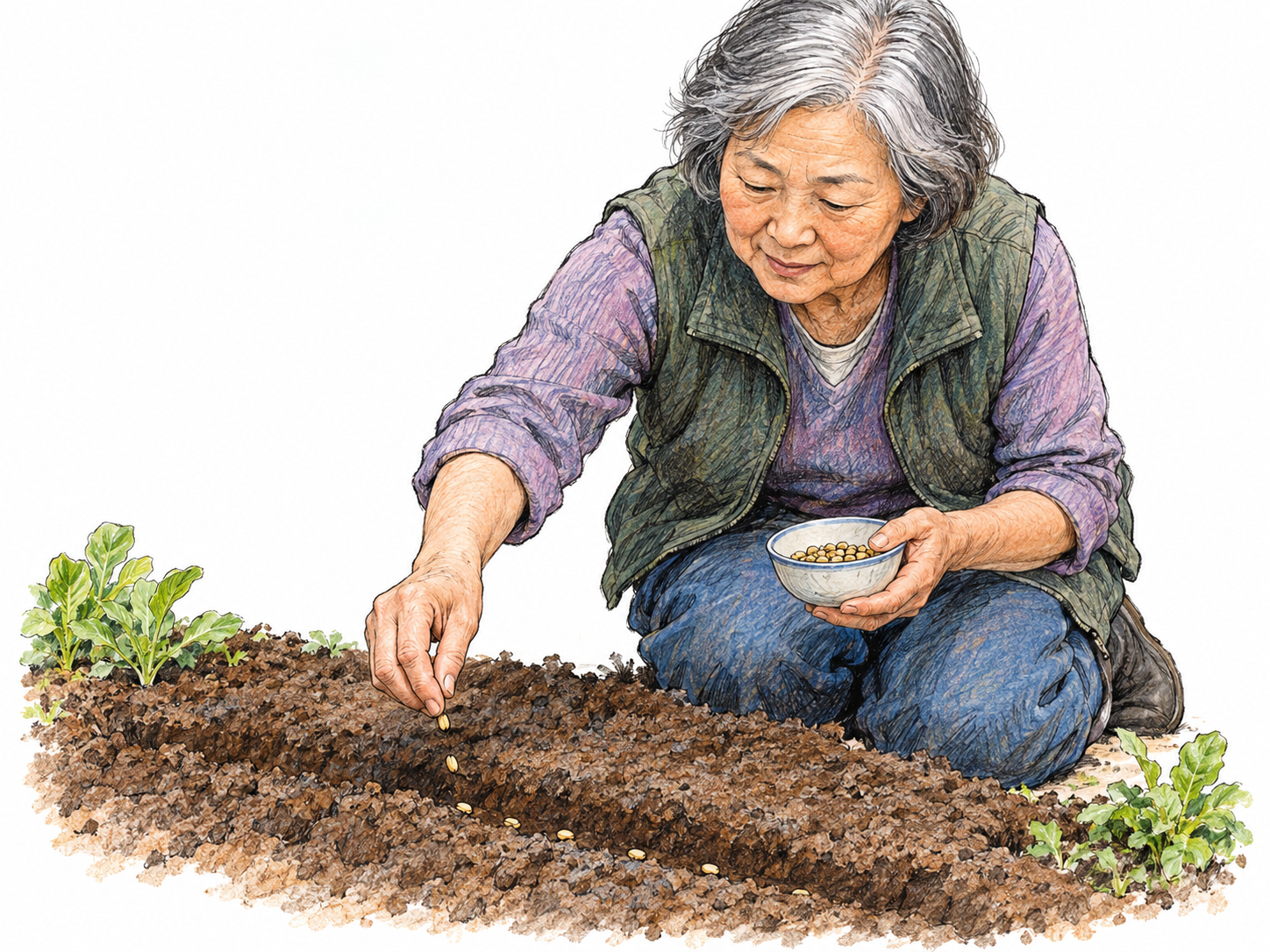 An older woman kneels beside a small garden bed, dropping seeds from her fingertips into a shallow furrow in the soil.