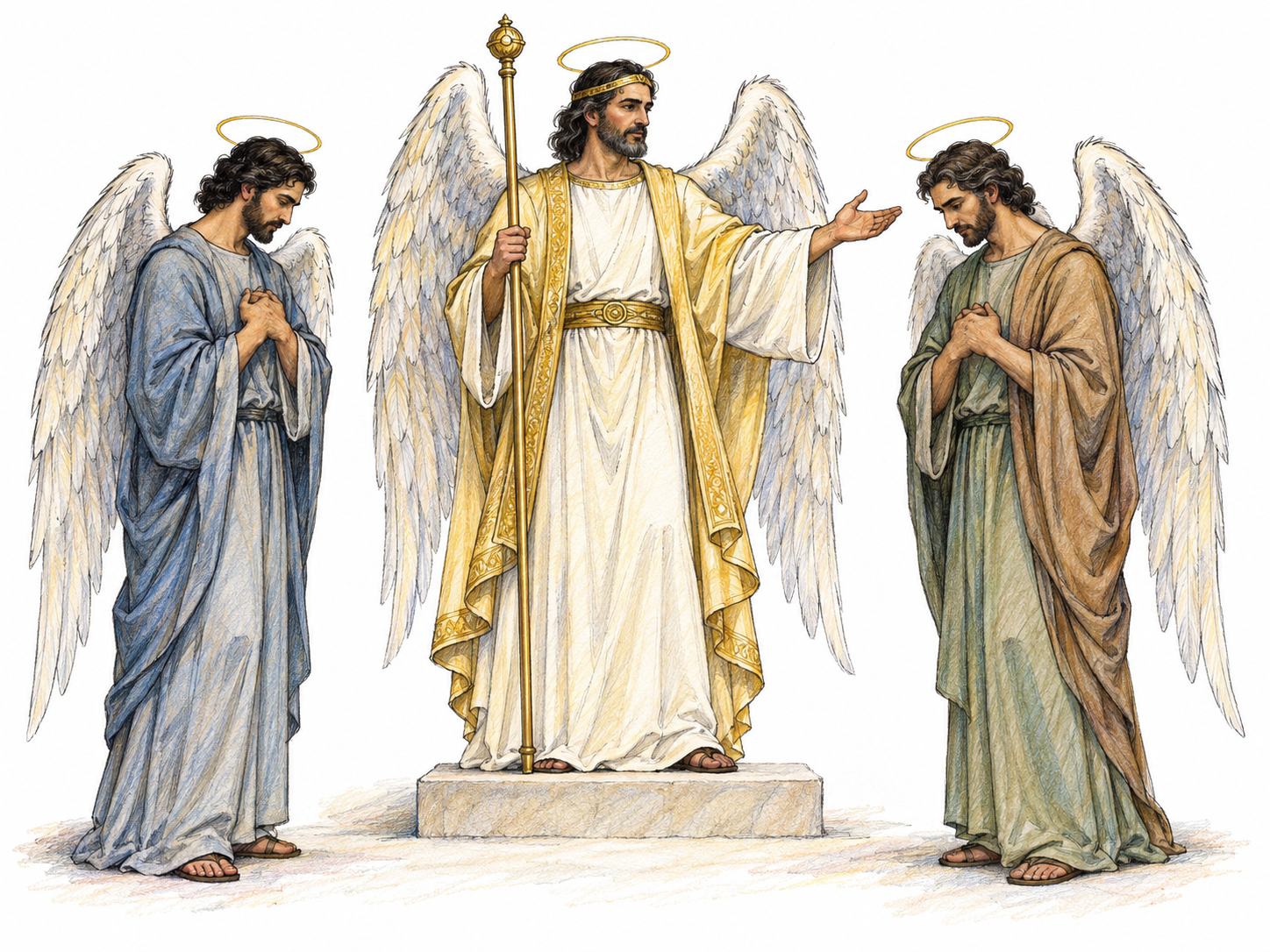 A commanding winged angel with a gold circlet and ceremonial staff stands slightly above two plainly robed winged angels, who face the leader with respectfully bowed heads.