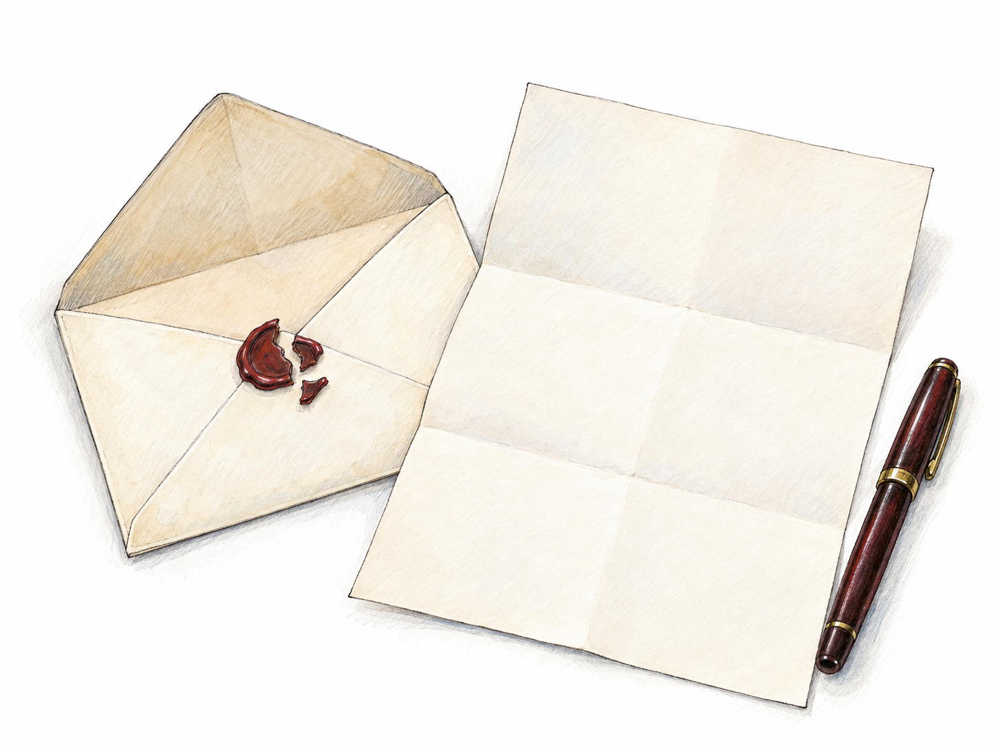 A formal letter unfolded beside its matching opened envelope, with a broken wax seal and a fountain pen suggesting deliberate written correspondence.