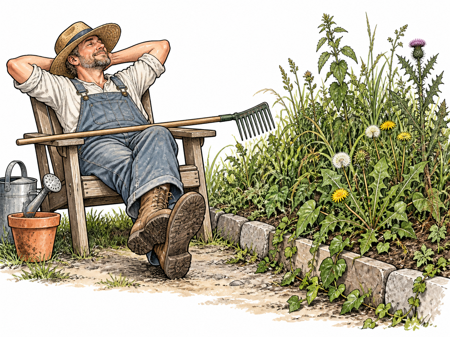 A white adult gardener lounges with an unused rake across their lap, indifferent while weeds overrun the adjacent garden bed.