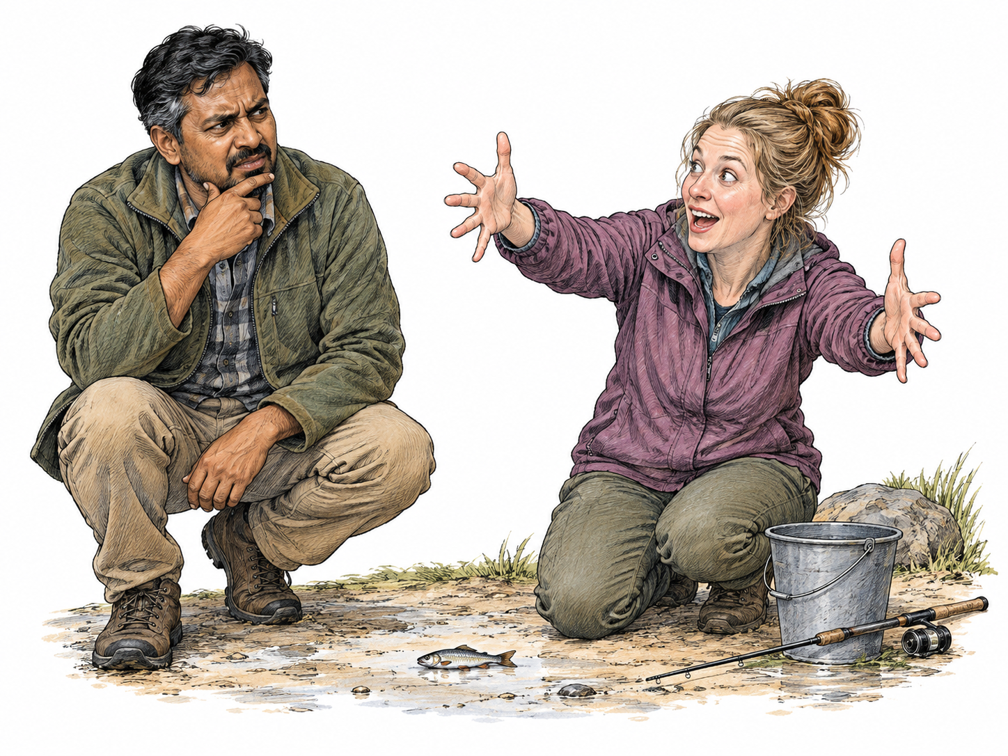 An adult looks disbelieving at an obviously exaggerated fish-size gesture from another adult beside a tiny real fish; refusal to believe, no dialogue.