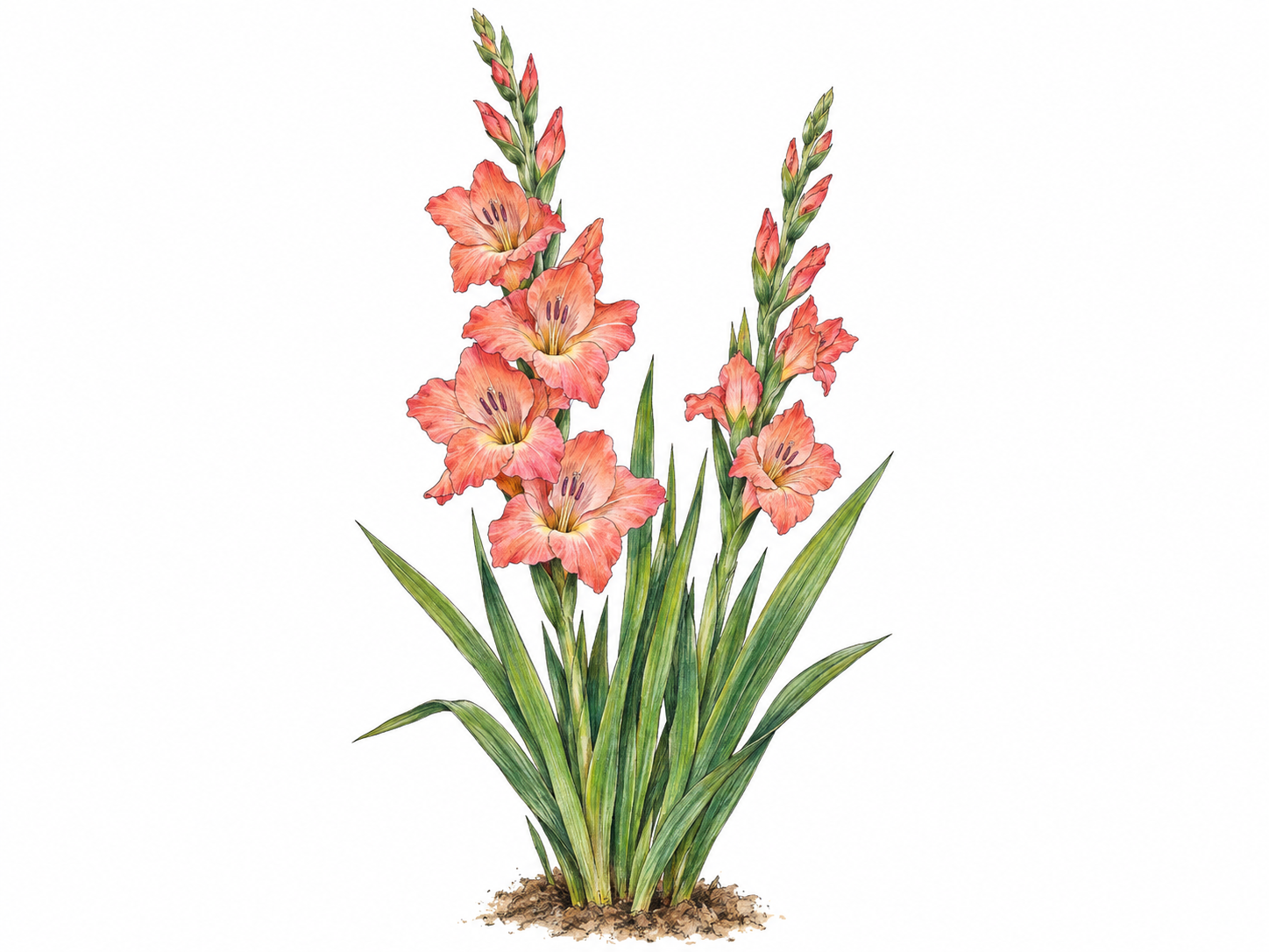 A complete gladiolus plant with tall upright flower spikes, colorful funnel-shaped blossoms, tapered upper buds, and long sword-shaped leaves clearly visible.